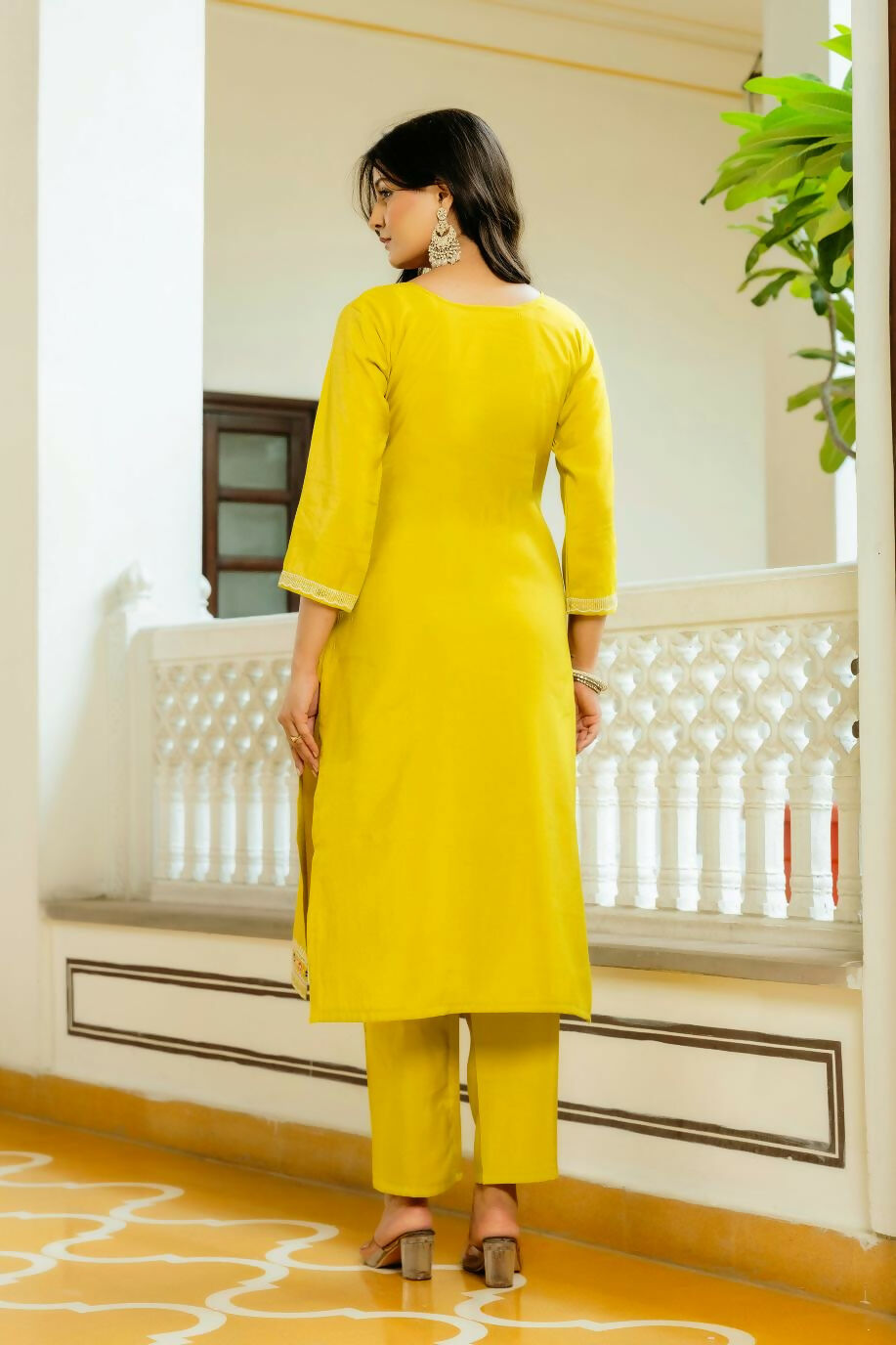 The52 Yellow Women's Beautiful Embroidered Viscose Shimmer Fabric with Straight Kurta, Pant and Dupatta Set