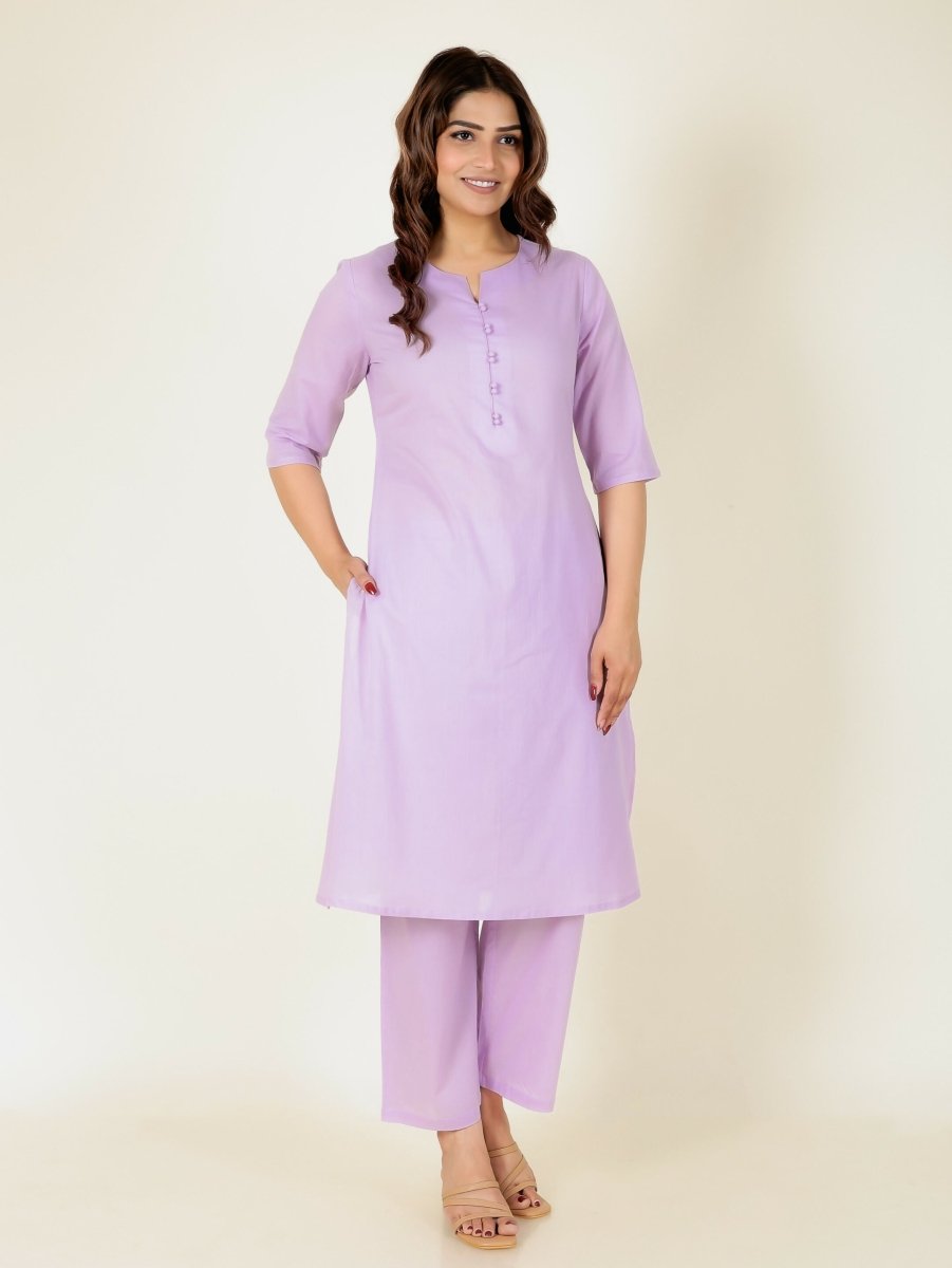 Aramya Pink Soft Cotton Solid Print A-line Kurta Pant Set for Women