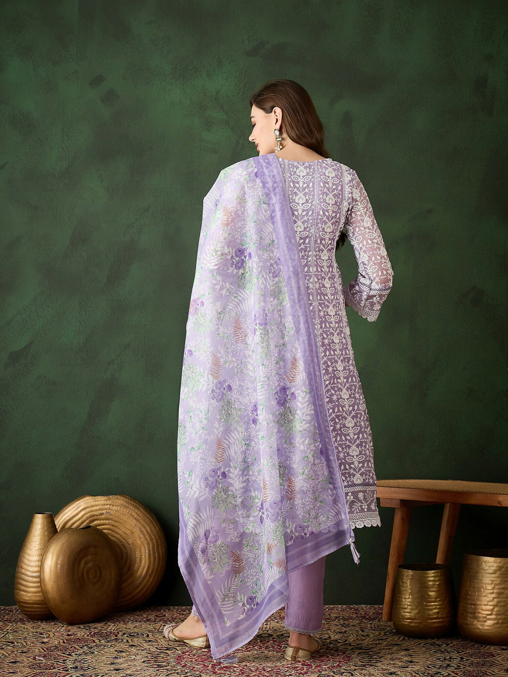 Lavender Crystal Organza schiffli embroidery Kurta With Trouser & Dupatta - Bhumi