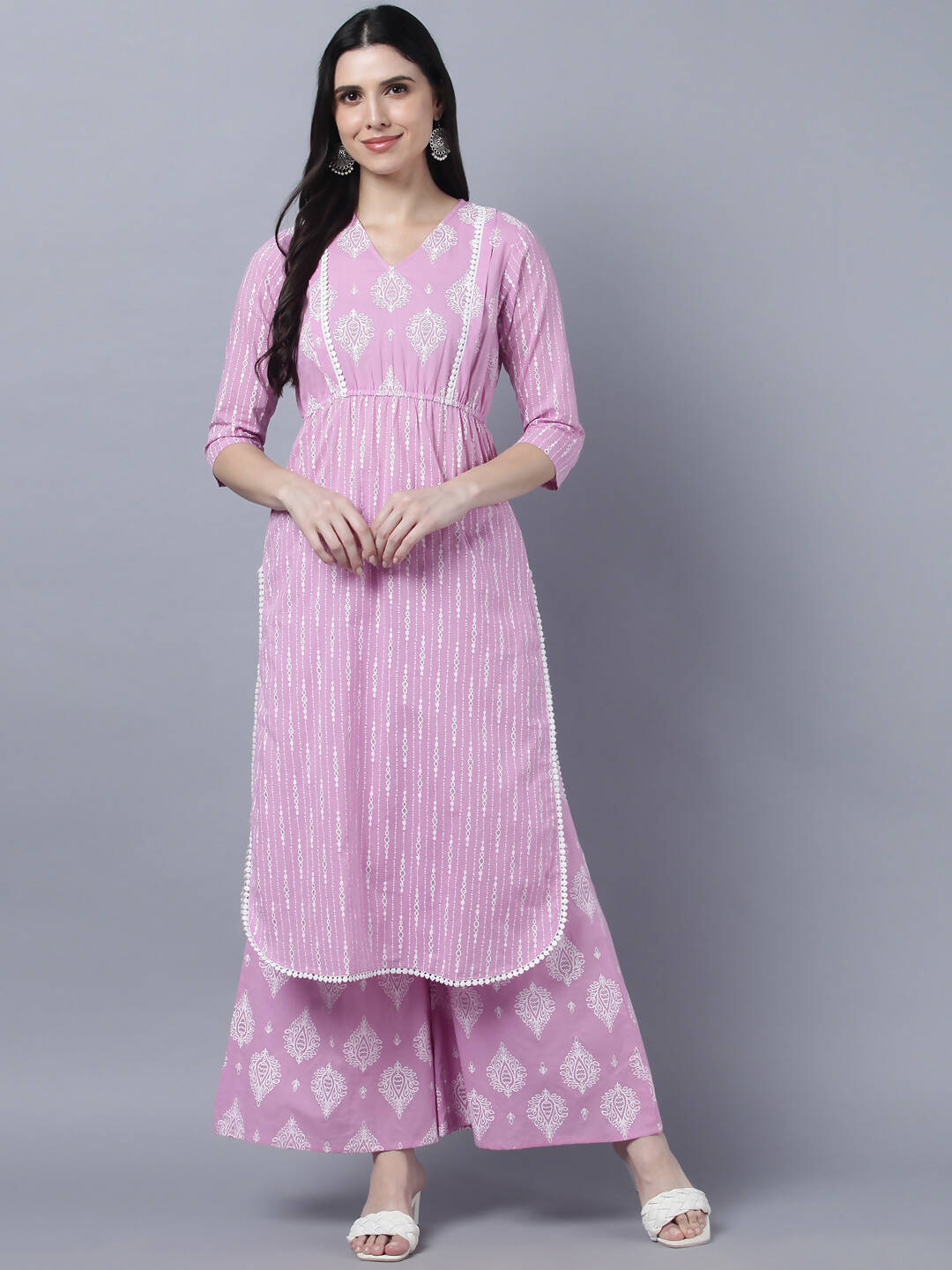Myshka Stylish Pink 3/4 Sleeve Women's Kurta Palazzo Set