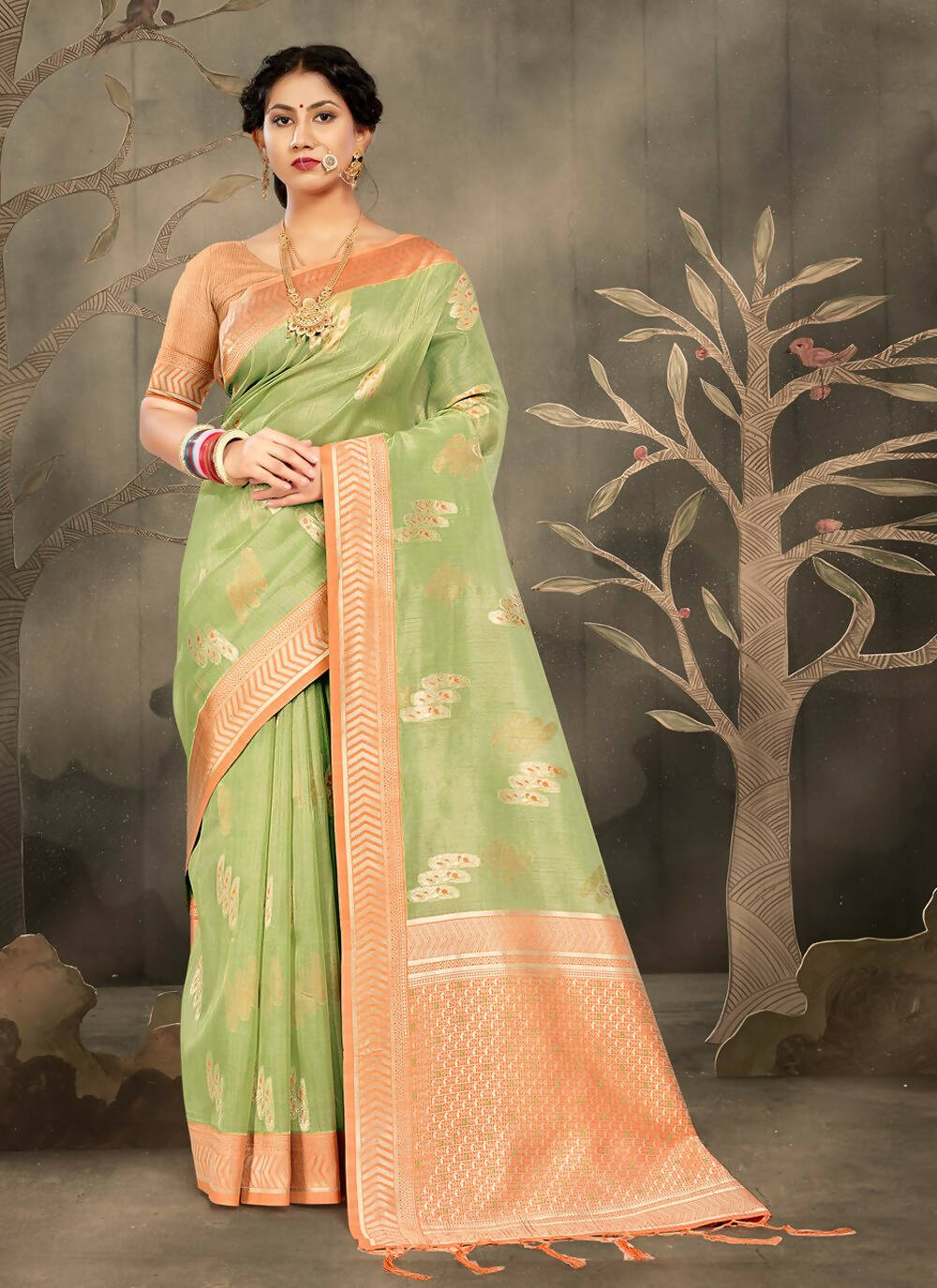 Light Green Cotton Zari Woven Design Saree with Unstitched Blouse Piece - Aachal