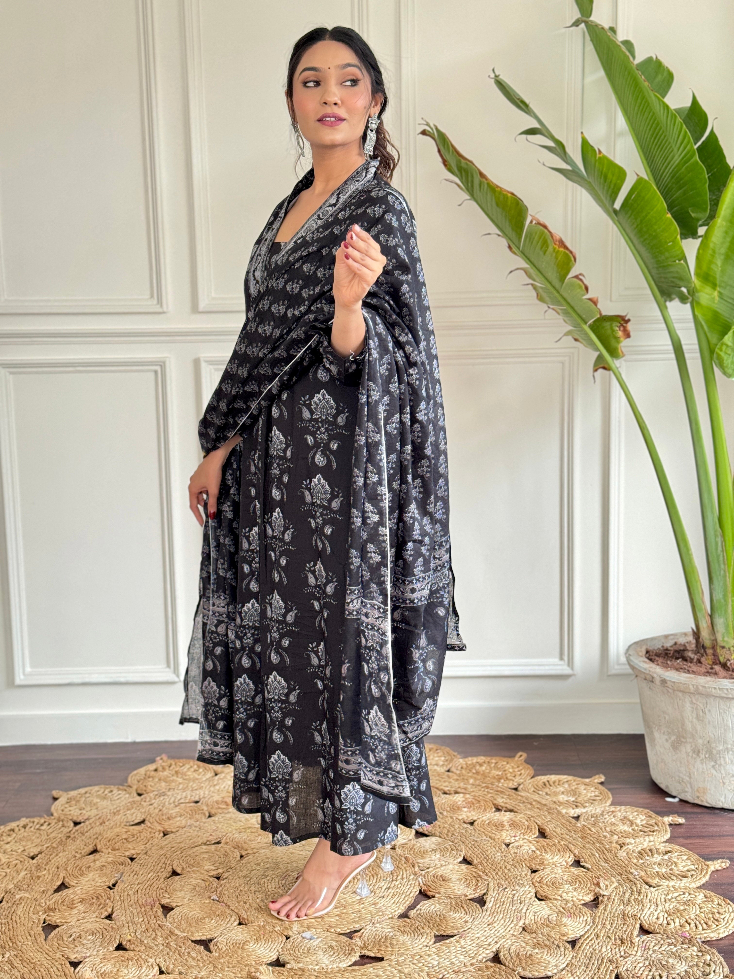 Teeya Creation Black Colour Pure Cotton Digital Print Fully Stitched Kurti Set
