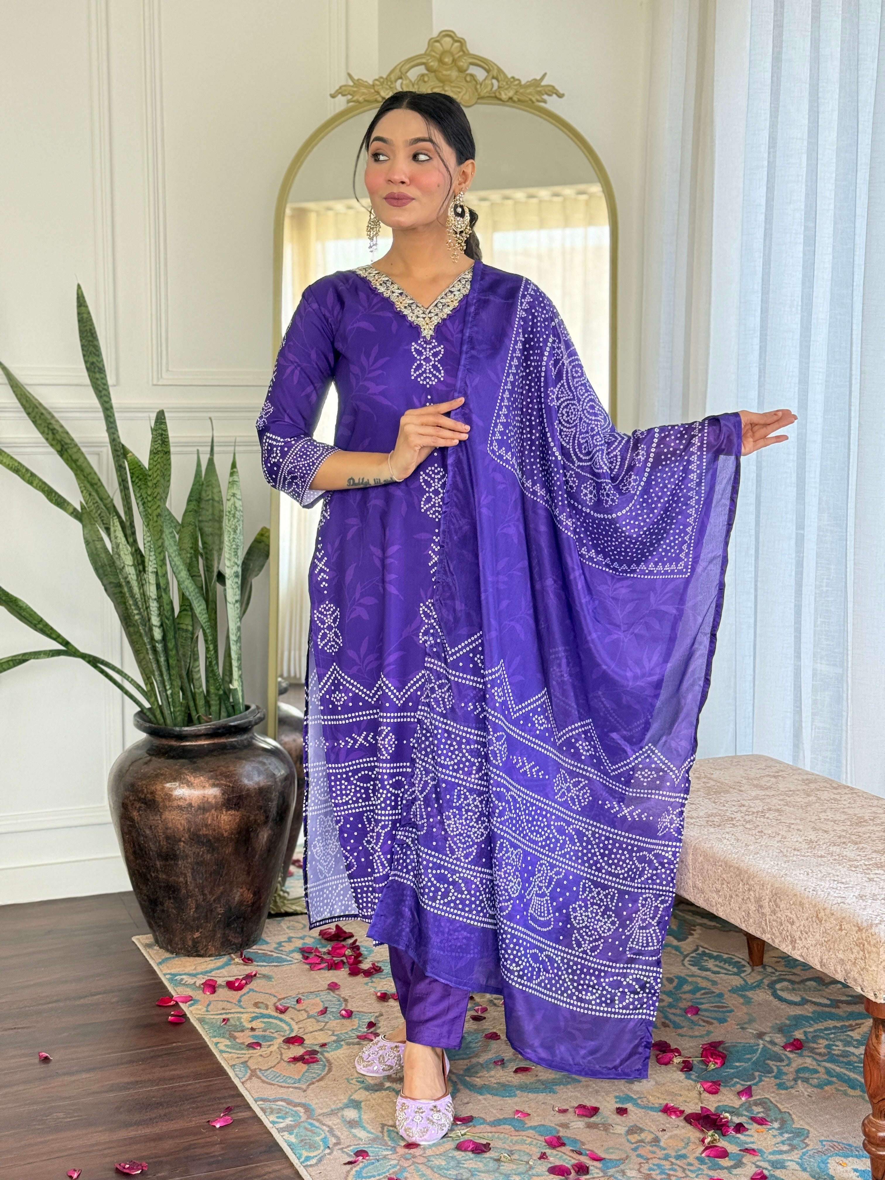 Teeya Creation Purple Colour French Crepe Digital Print With Embroidery Work Fully Stitched Kurti Set