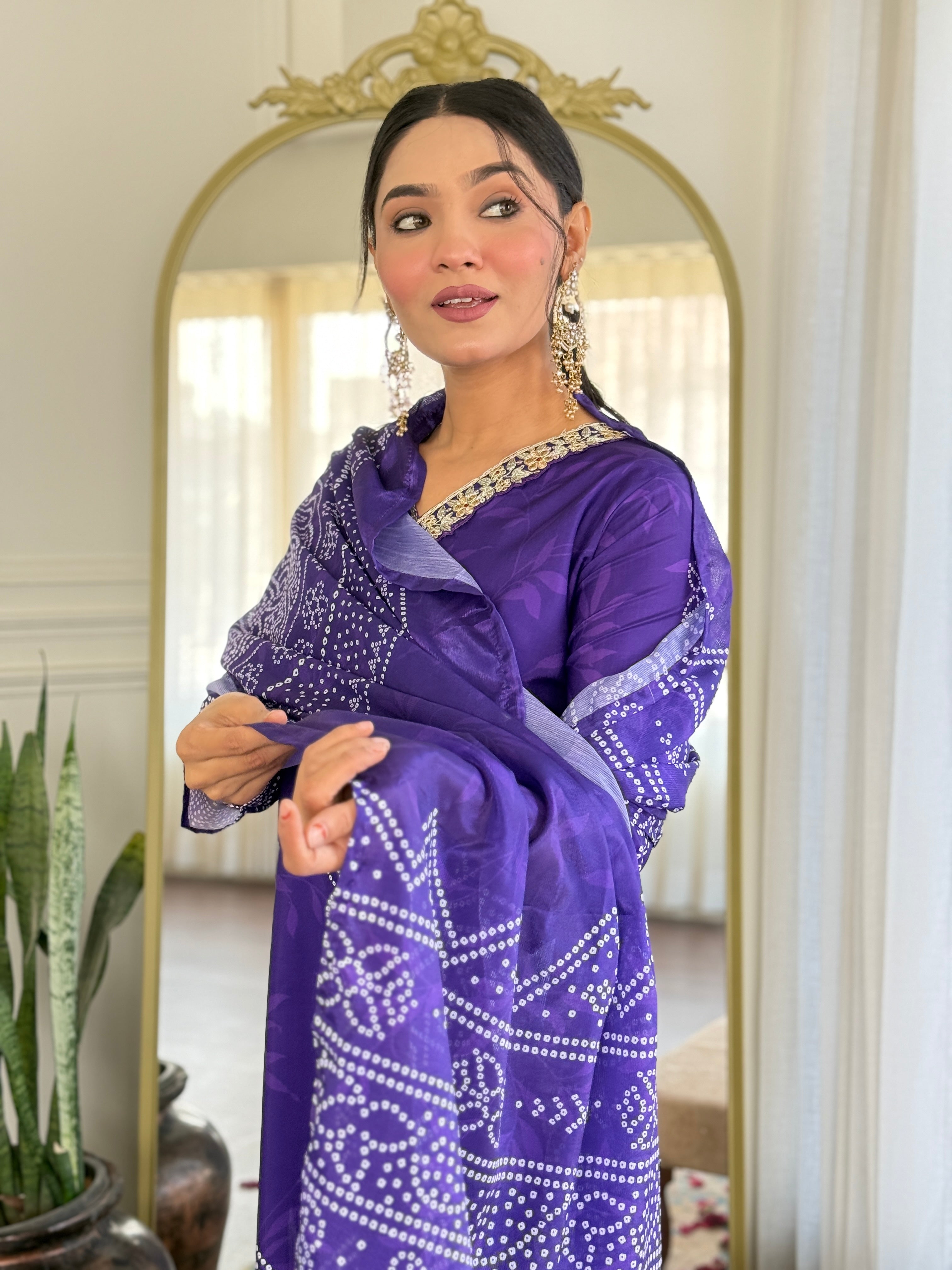 Teeya Creation Purple Colour French Crepe Digital Print With Embroidery Work Fully Stitched Kurti Set