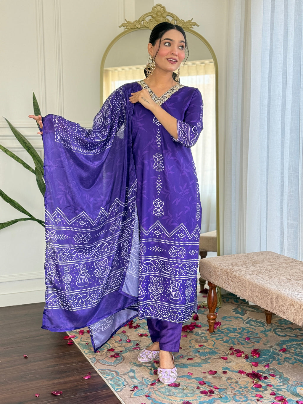 Teeya Creation Purple Colour French Crepe Digital Print With Embroidery Work Fully Stitched Kurti Set