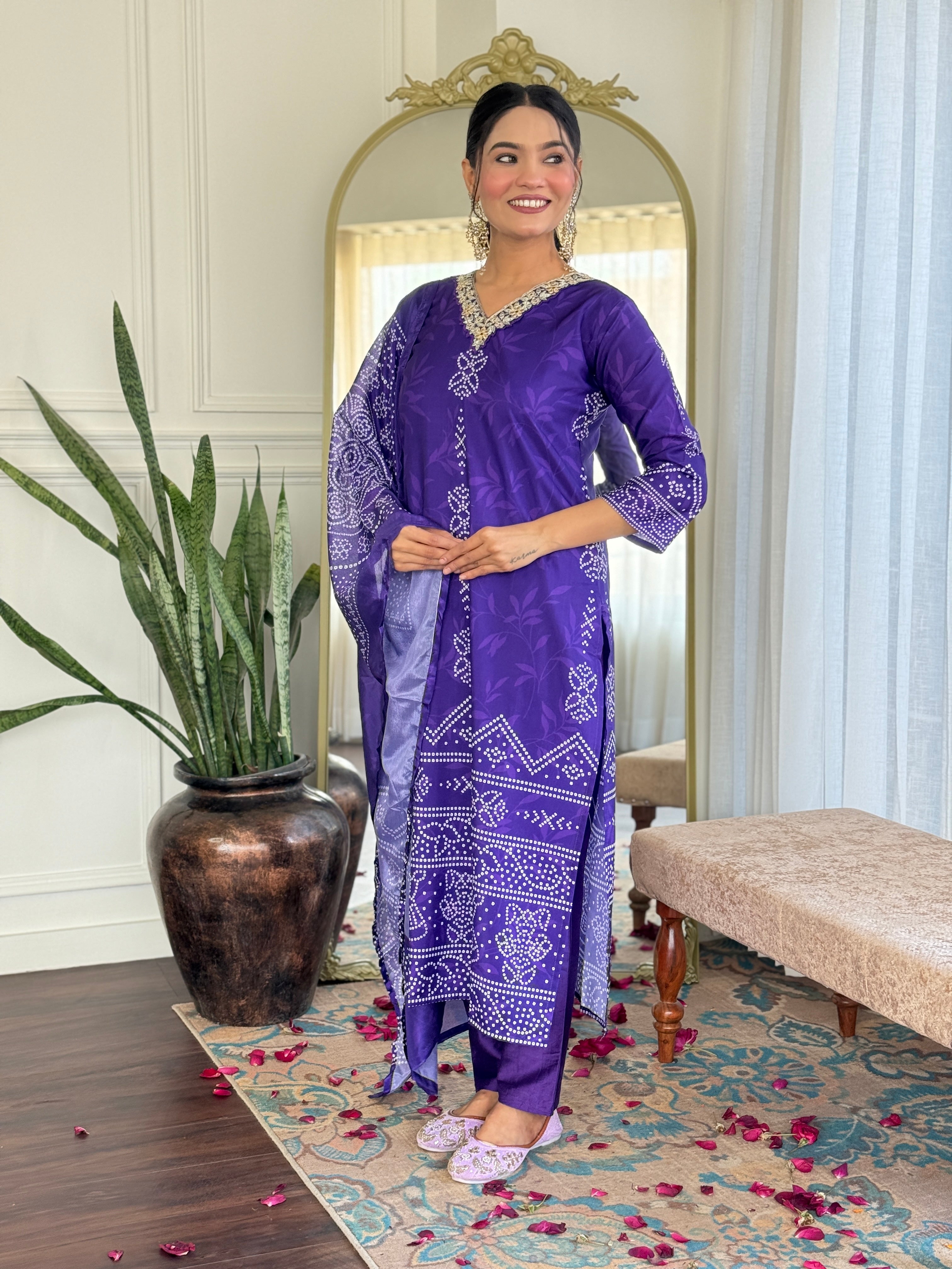 Teeya Creation Purple Colour French Crepe Digital Print With Embroidery Work Fully Stitched Kurti Set