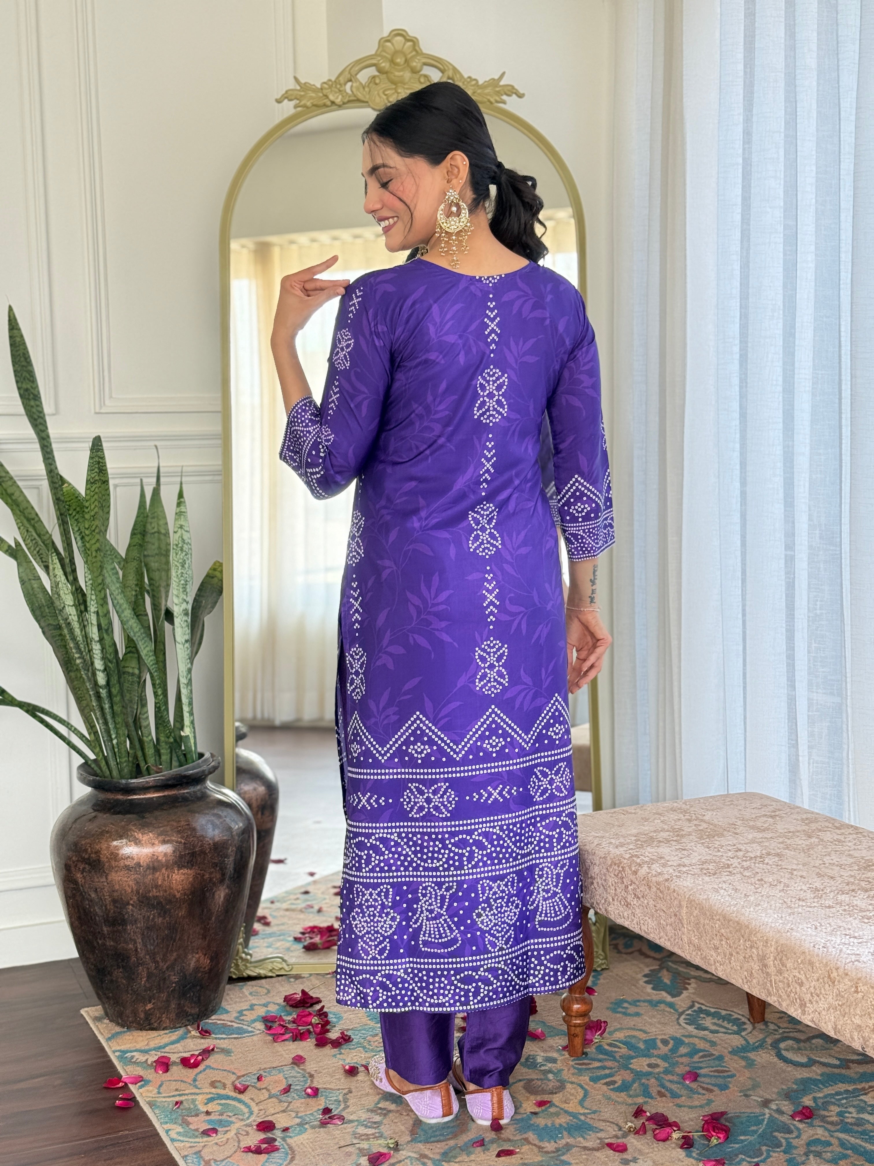 Teeya Creation Purple Colour French Crepe Digital Print With Embroidery Work Fully Stitched Kurti Set