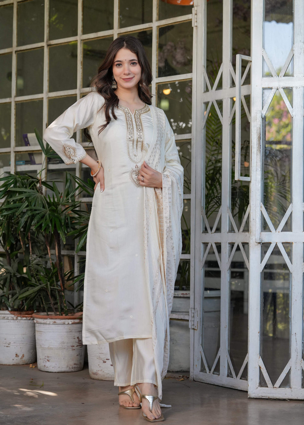 The52 Beautiful Embroidered Viscose Chanderi Fabric Straight Kurta, Pant and Dupatta Set