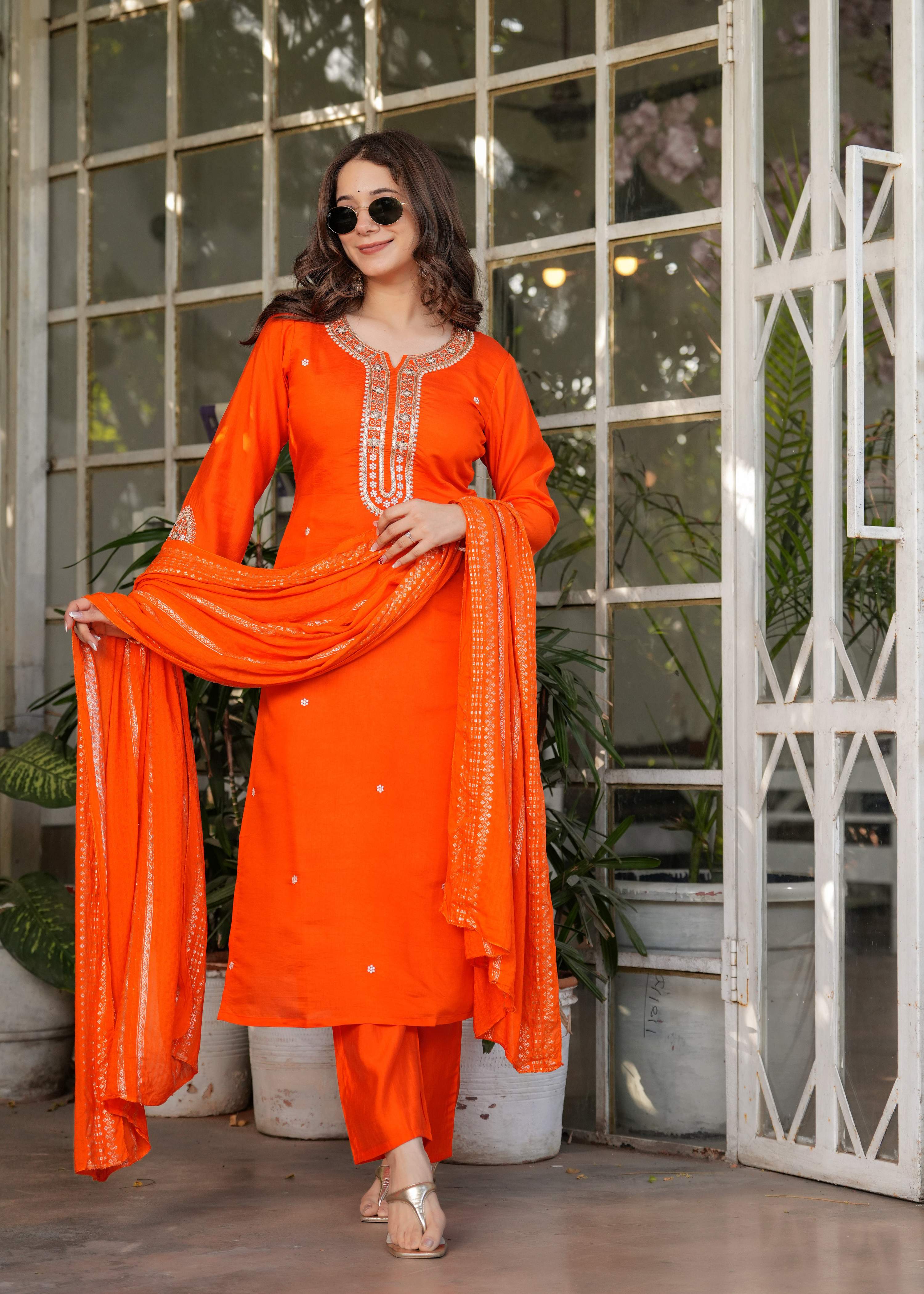 Teeya Creation Orange Color Viscose Chanderi Embroidery Work Fully Stitched Kurti Set