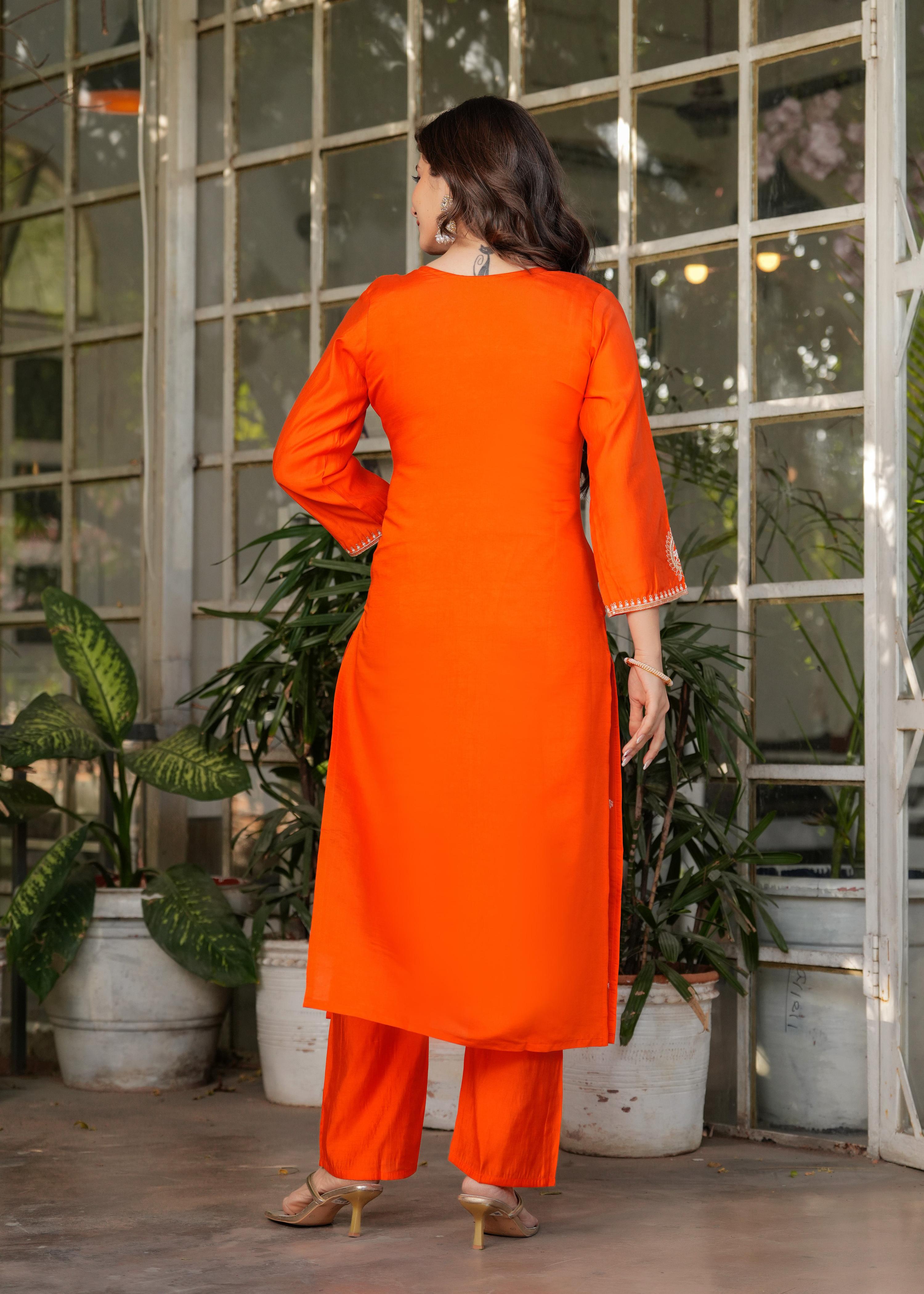 Teeya Creation Orange Color Viscose Chanderi Embroidery Work Fully Stitched Kurti Set