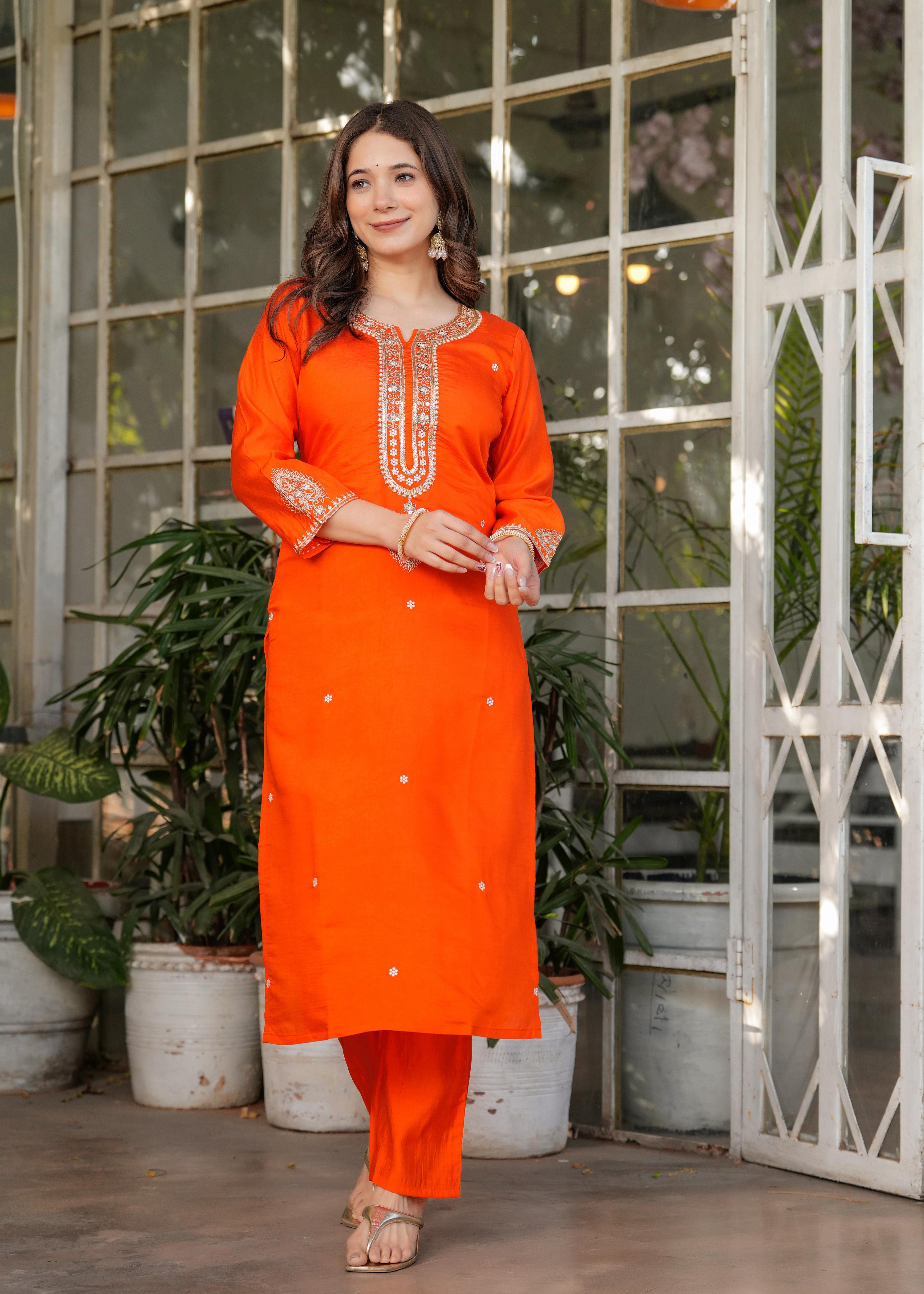 Teeya Creation Orange Color Viscose Chanderi Embroidery Work Fully Stitched Kurti Set
