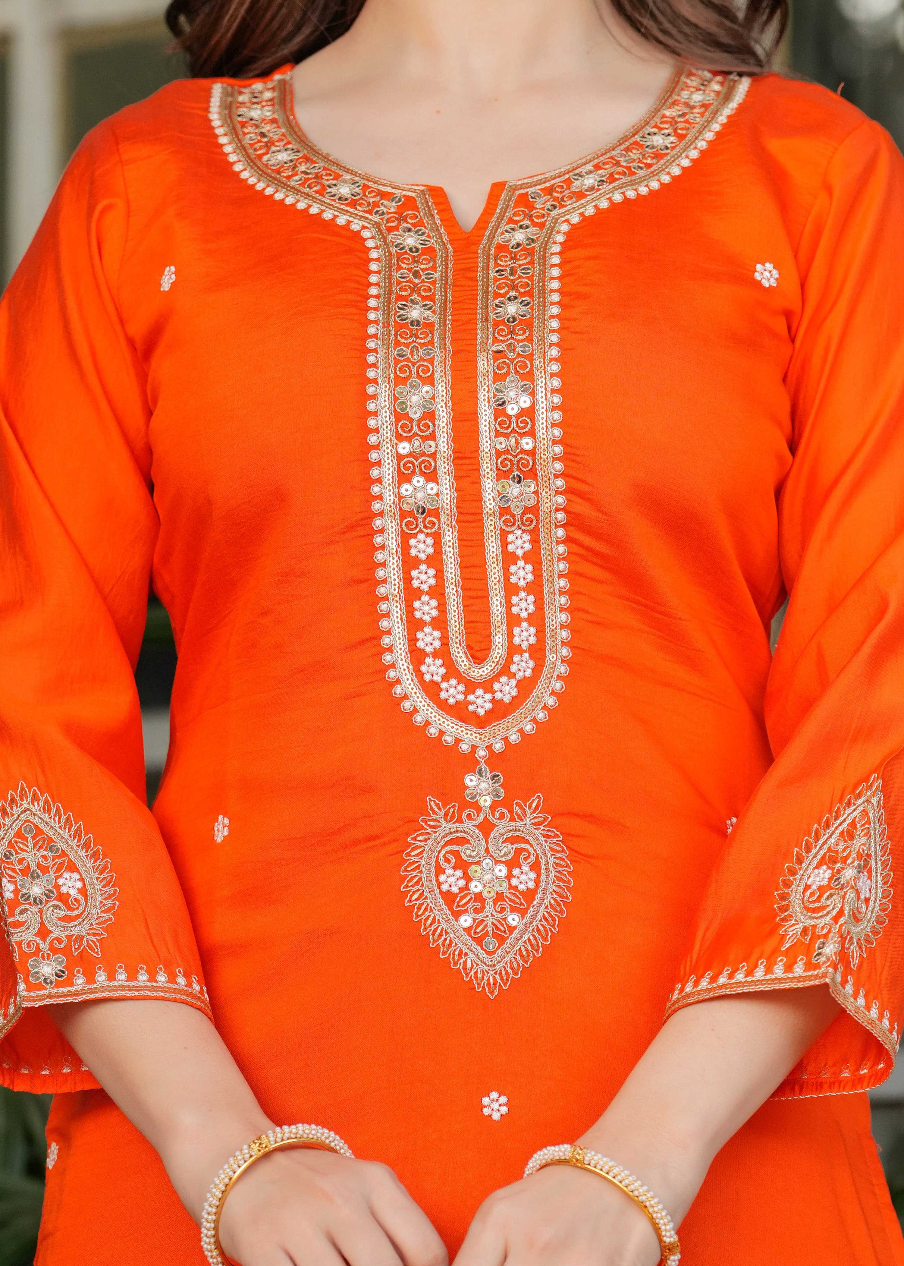 The52 Beautiful Embroidered Viscose Chanderi Fabric Straight Kurta, Pant and Dupatta Set