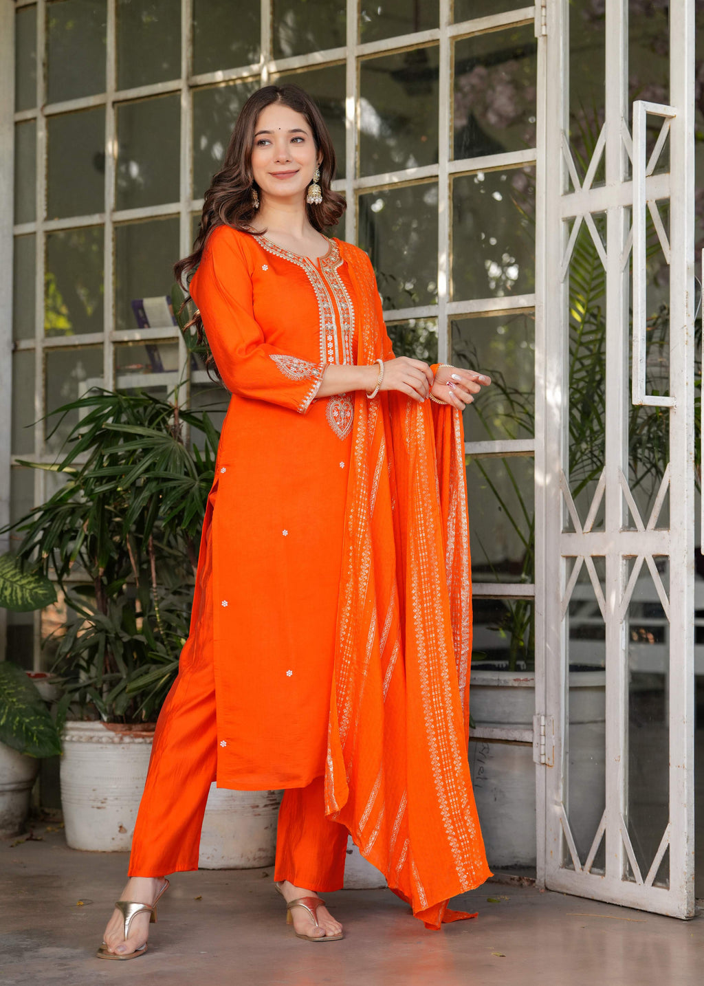 The52 Beautiful Embroidered Viscose Chanderi Fabric Straight Kurta, Pant and Dupatta Set