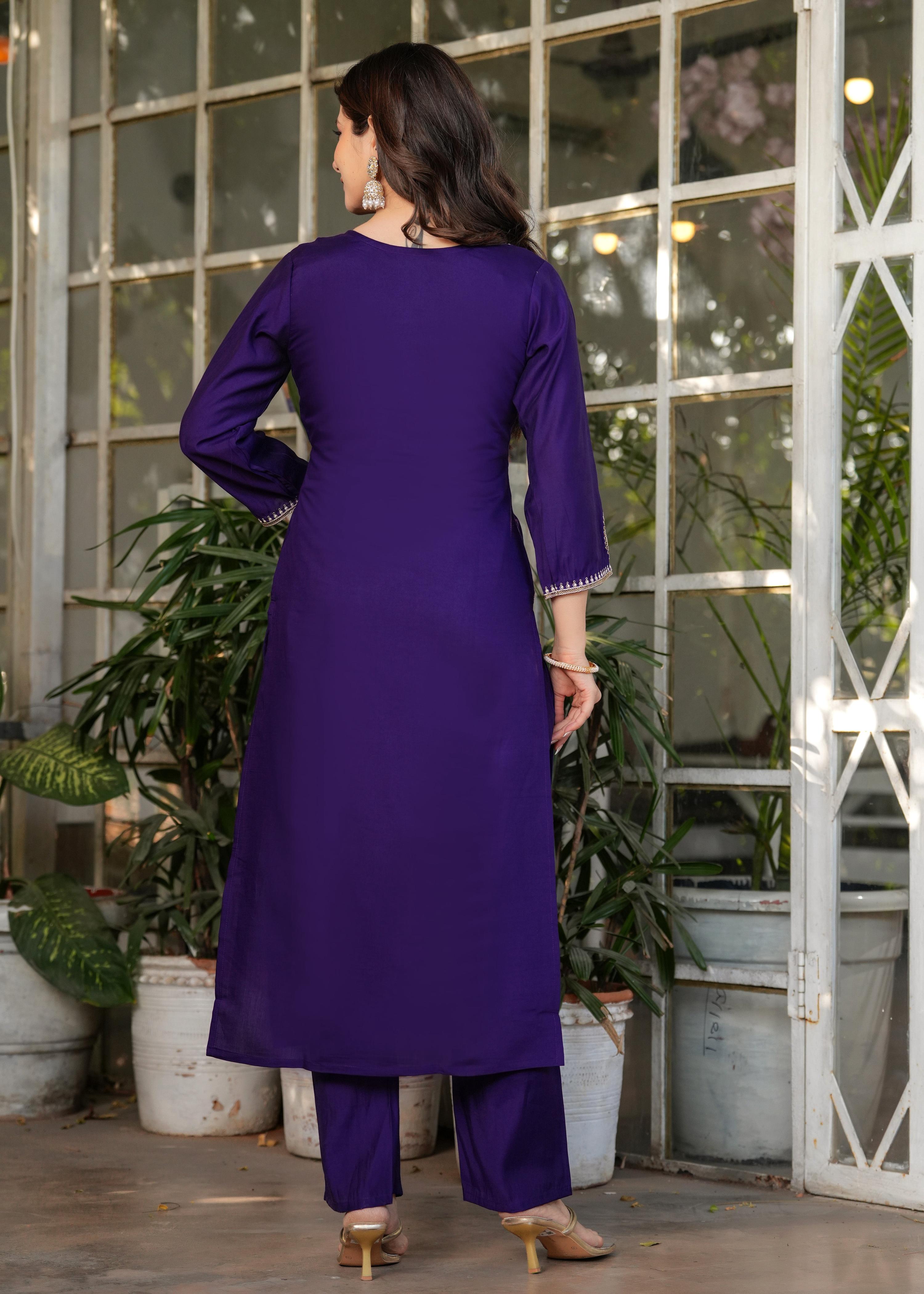 Teeya Creation Purple Color Viscose Chanderi Embroidery Work Fully Stitched Kurti Set