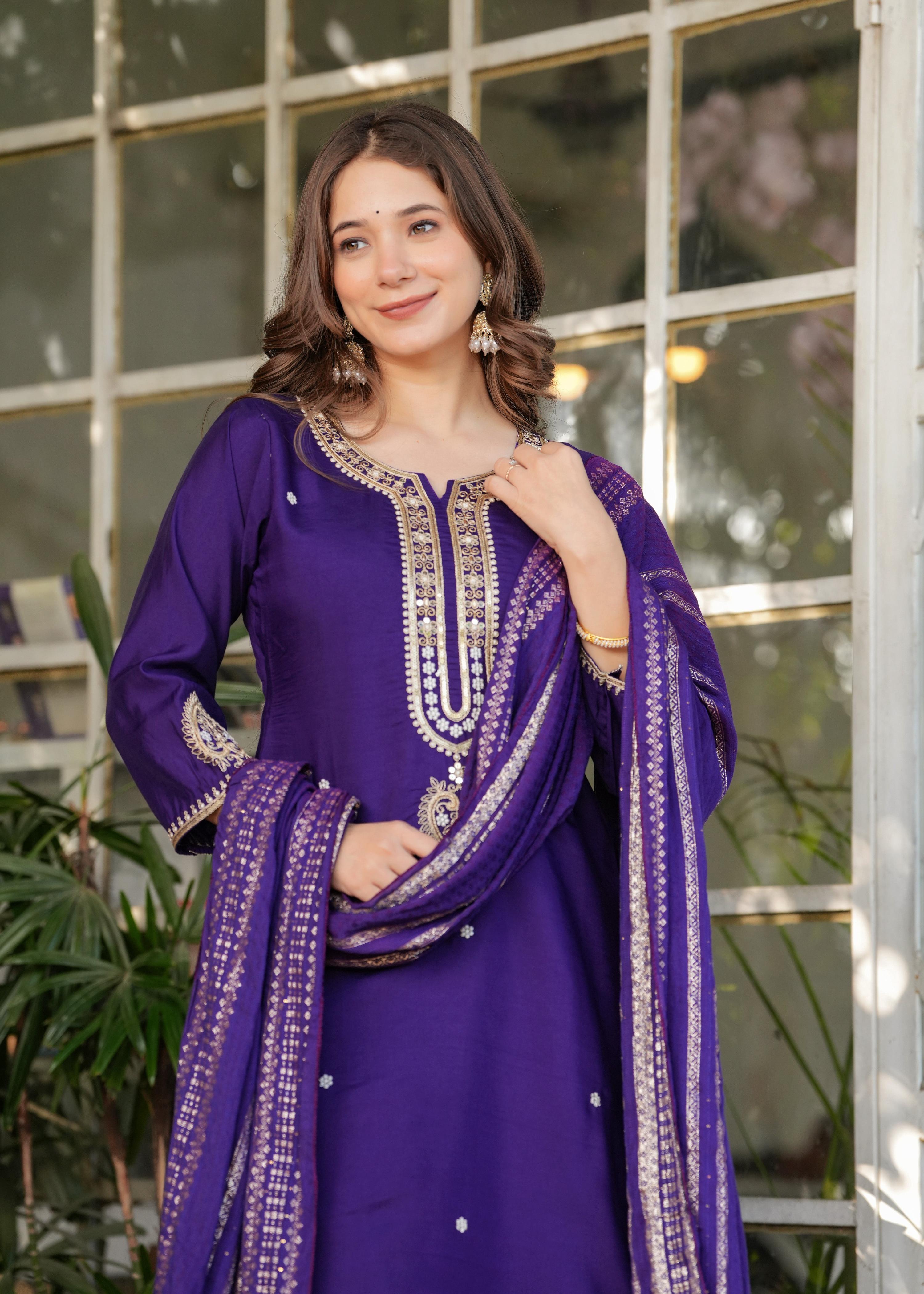 Teeya Creation Purple Color Viscose Chanderi Embroidery Work Fully Stitched Kurti Set