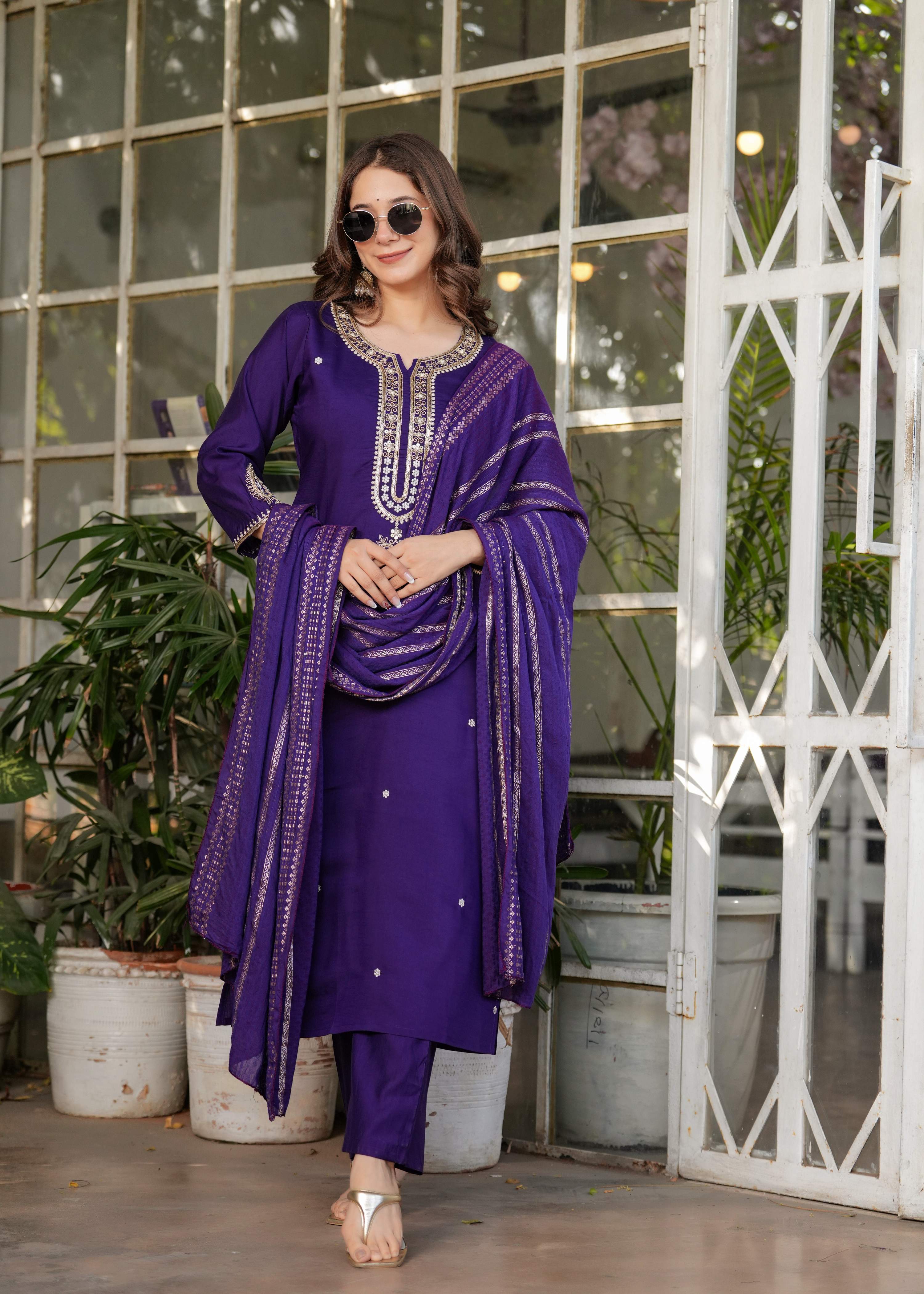 Teeya Creation Purple Color Viscose Chanderi Embroidery Work Fully Stitched Kurti Set