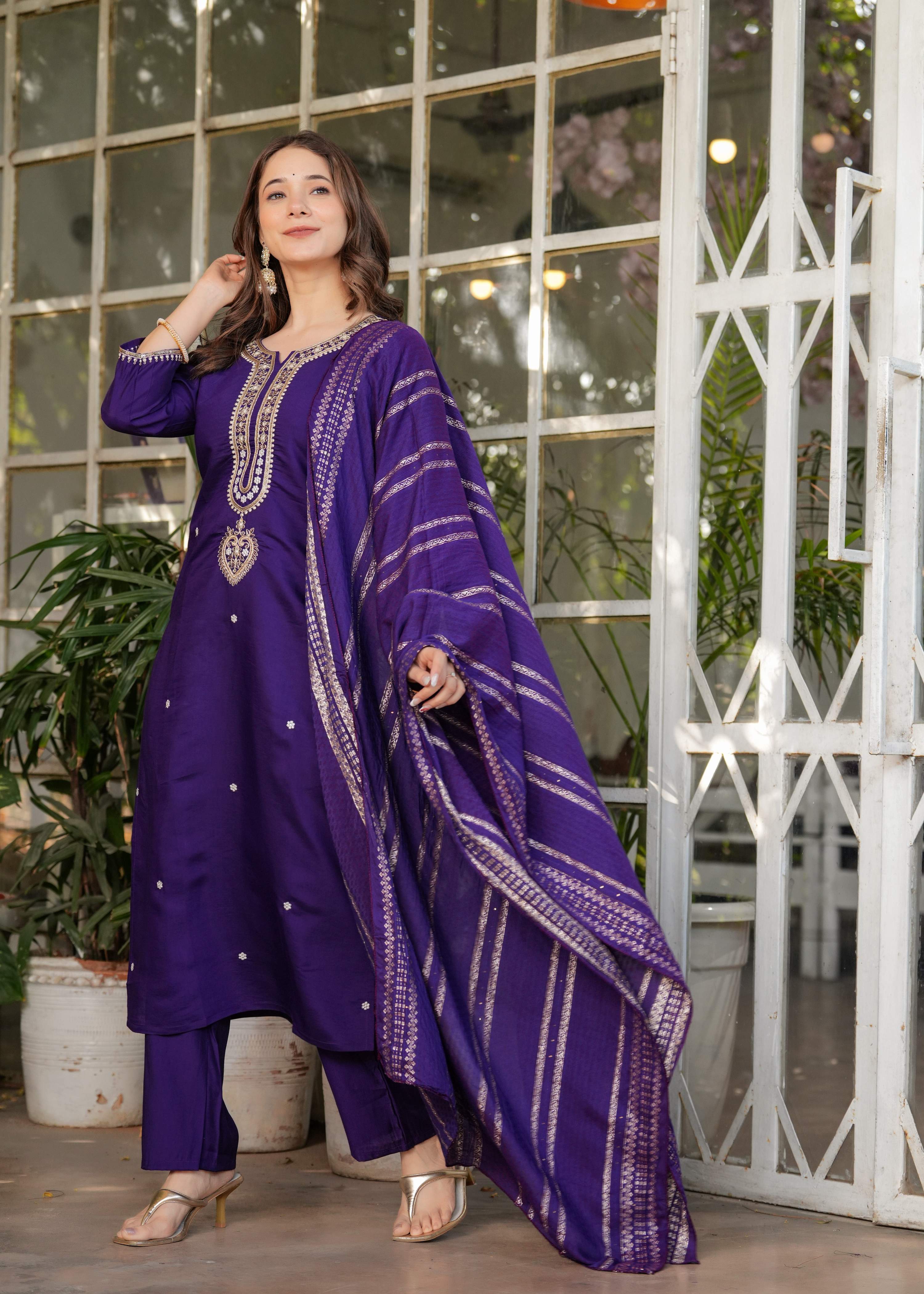 Teeya Creation Purple Color Viscose Chanderi Embroidery Work Fully Stitched Kurti Set
