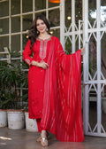 Teeya Creation Red Color Viscose Chanderi Embroidery Work Fully Stitched Kurti Set