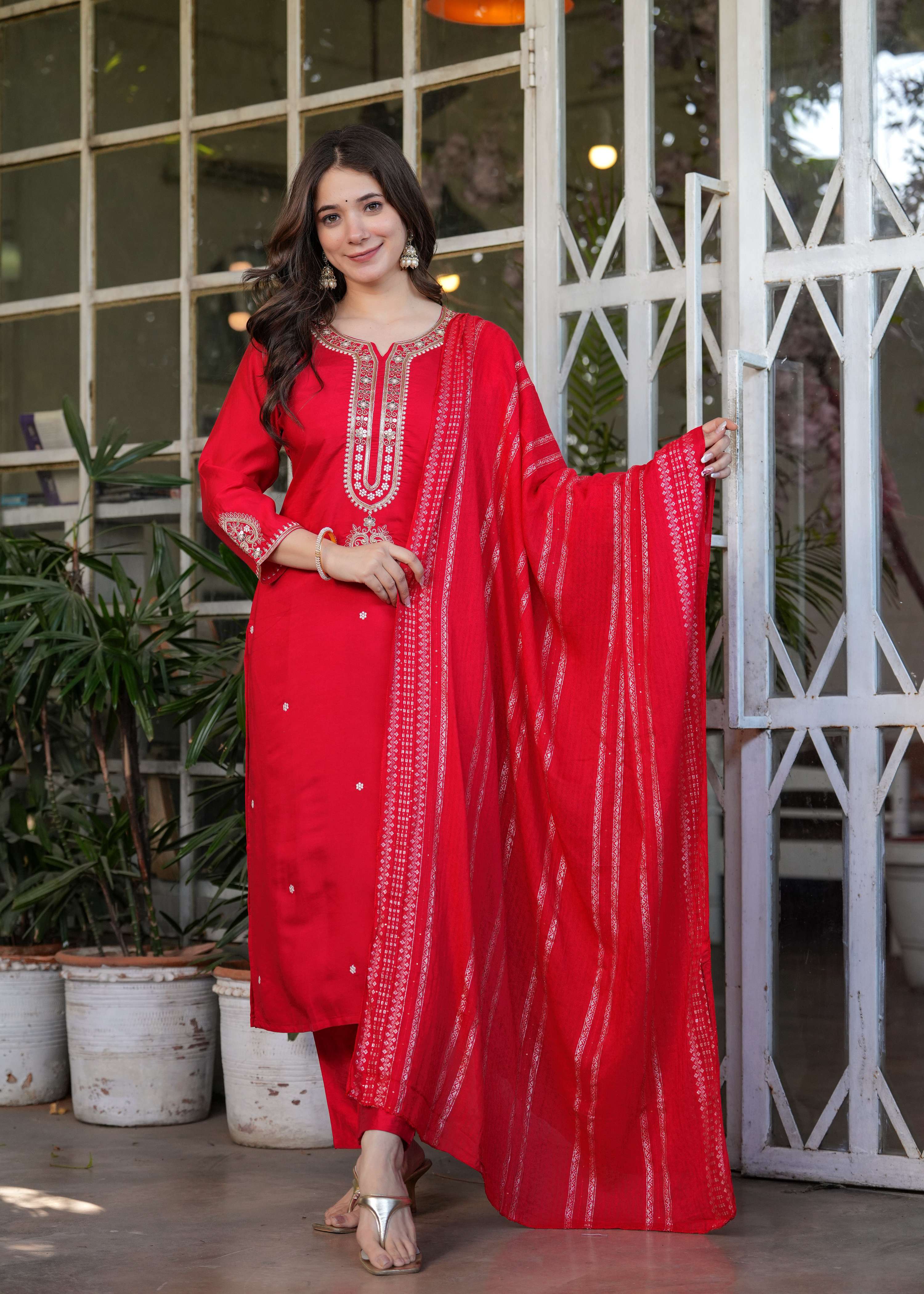 Teeya Creation Red Color Viscose Chanderi Embroidery Work Fully Stitched Kurti Set