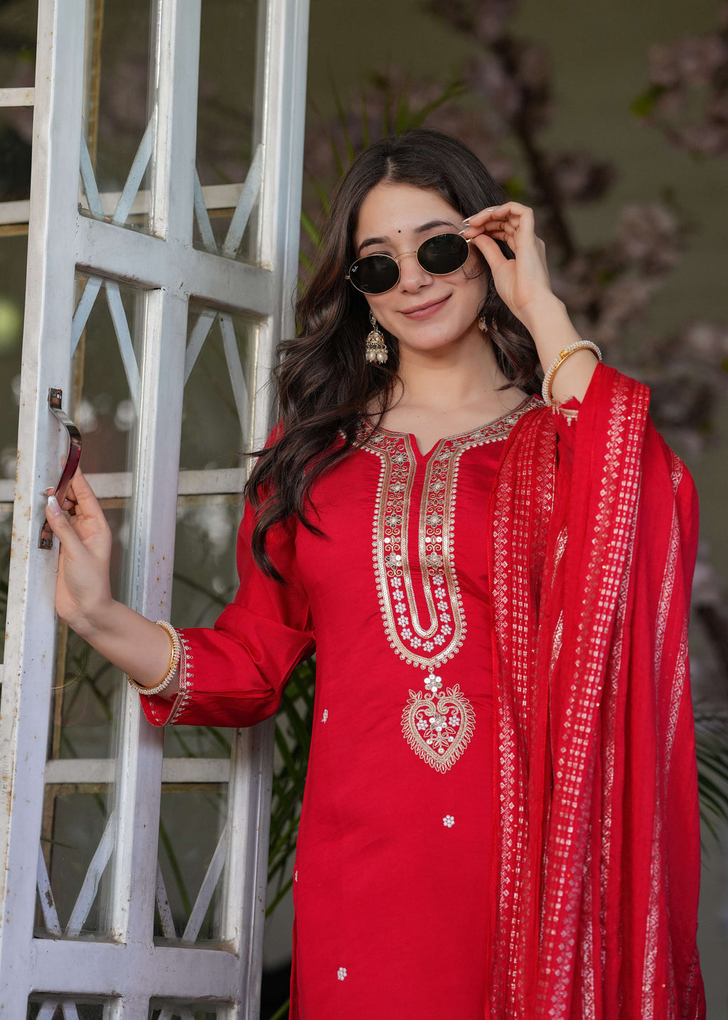 Teeya Creation Red Color Viscose Chanderi Embroidery Work Fully Stitched Kurti Set