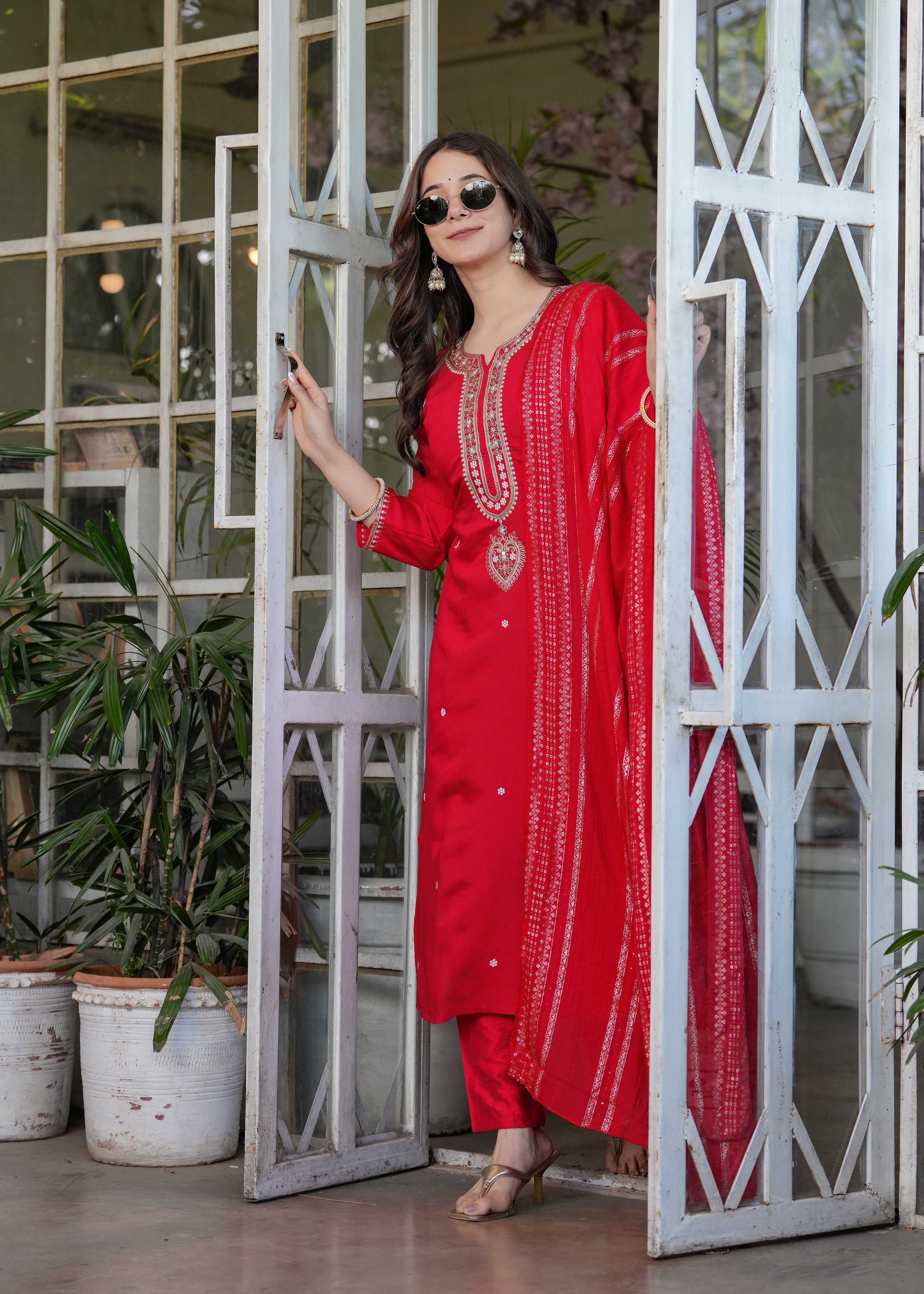 Teeya Creation Red Color Viscose Chanderi Embroidery Work Fully Stitched Kurti Set