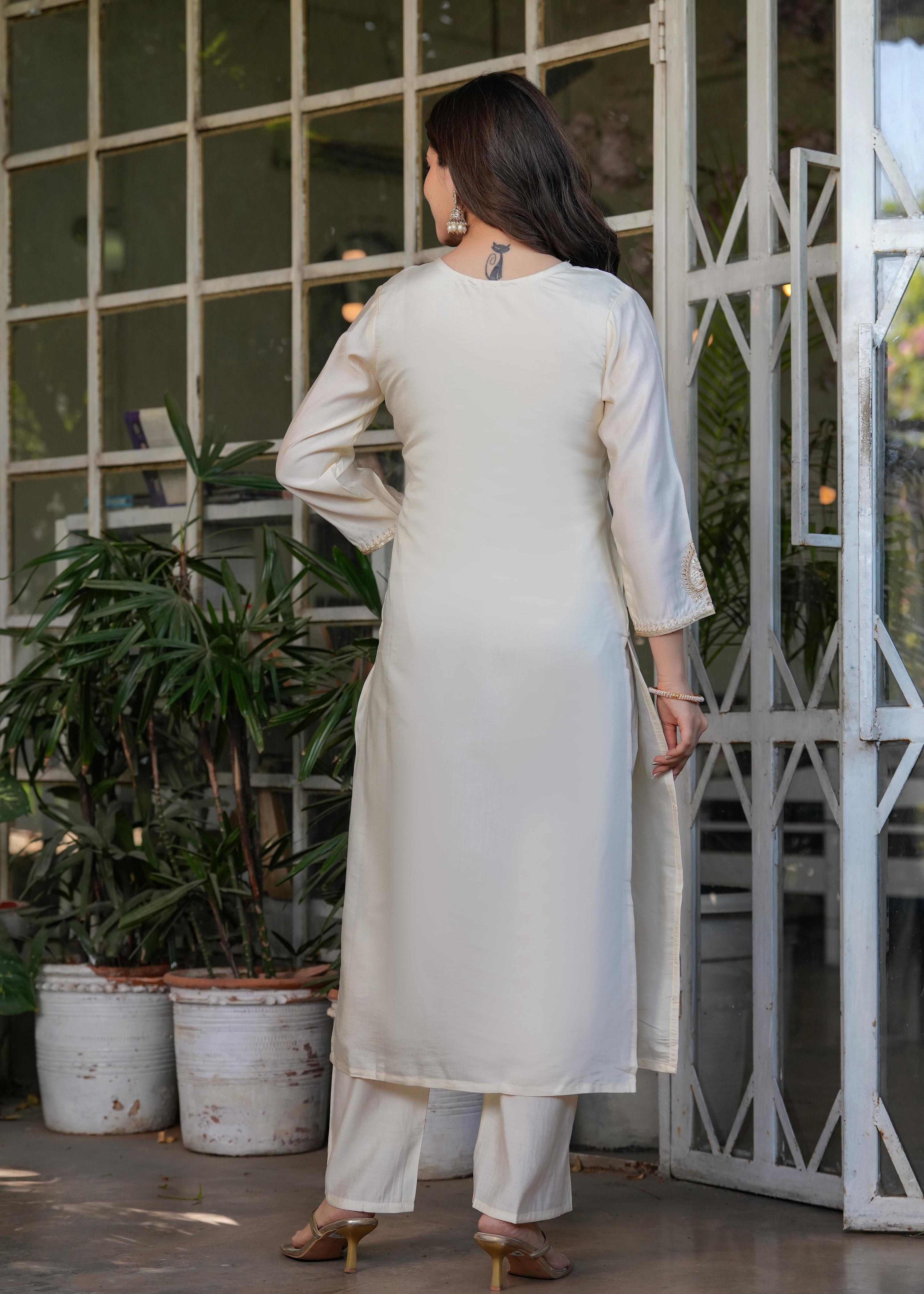 Teeya Creation White Color Viscose Chanderi Embroidery Work Fully Stitched Kurti Set