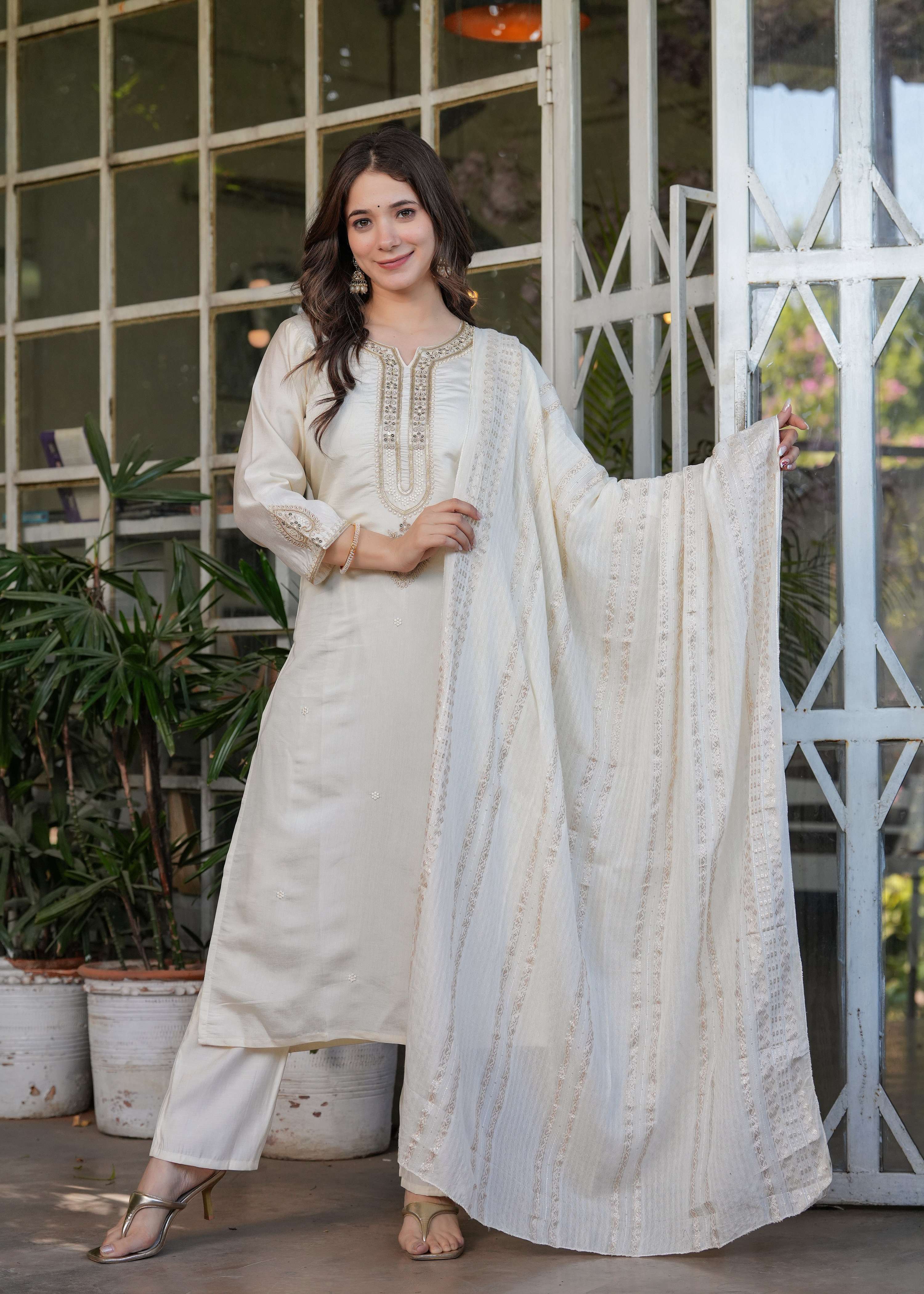 Teeya Creation White Color Viscose Chanderi Embroidery Work Fully Stitched Kurti Set