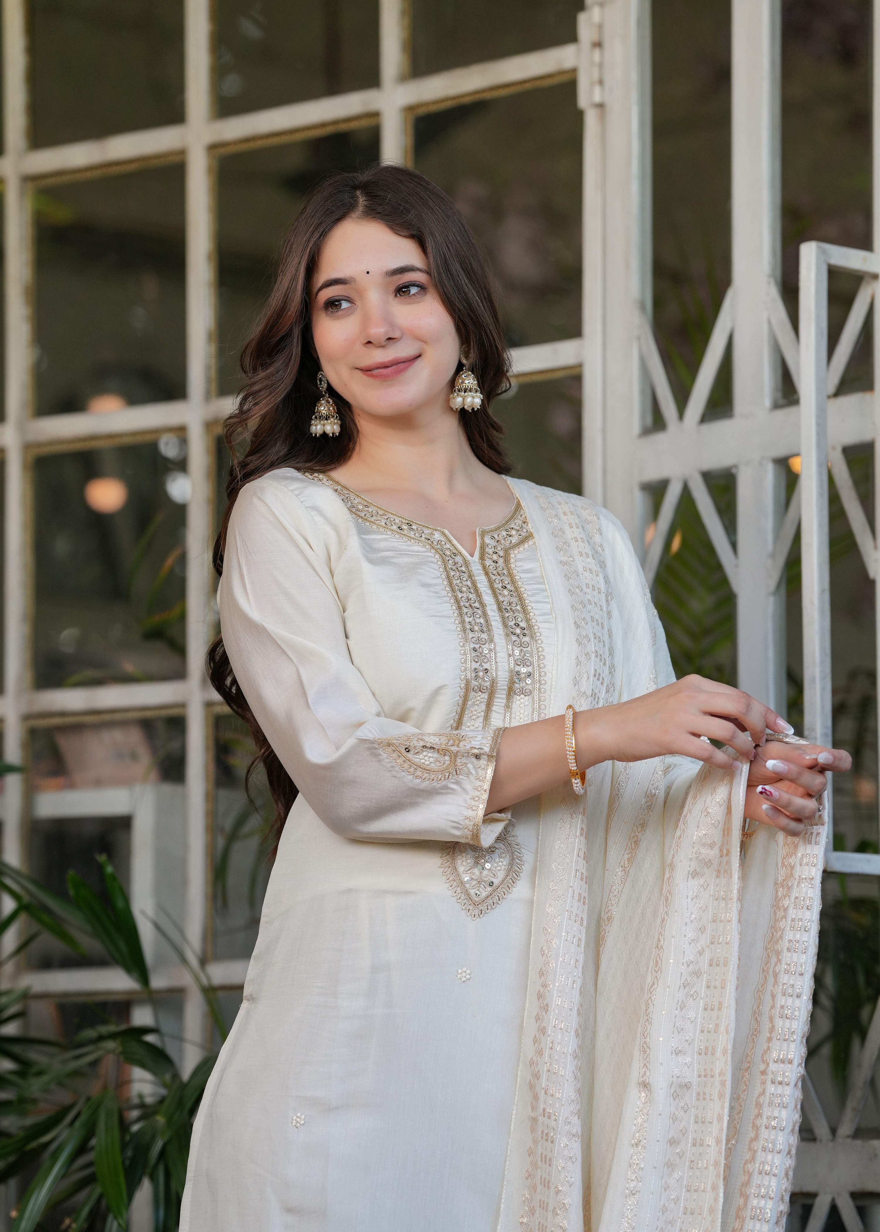 Teeya Creation White Color Viscose Chanderi Embroidery Work Fully Stitched Kurti Set