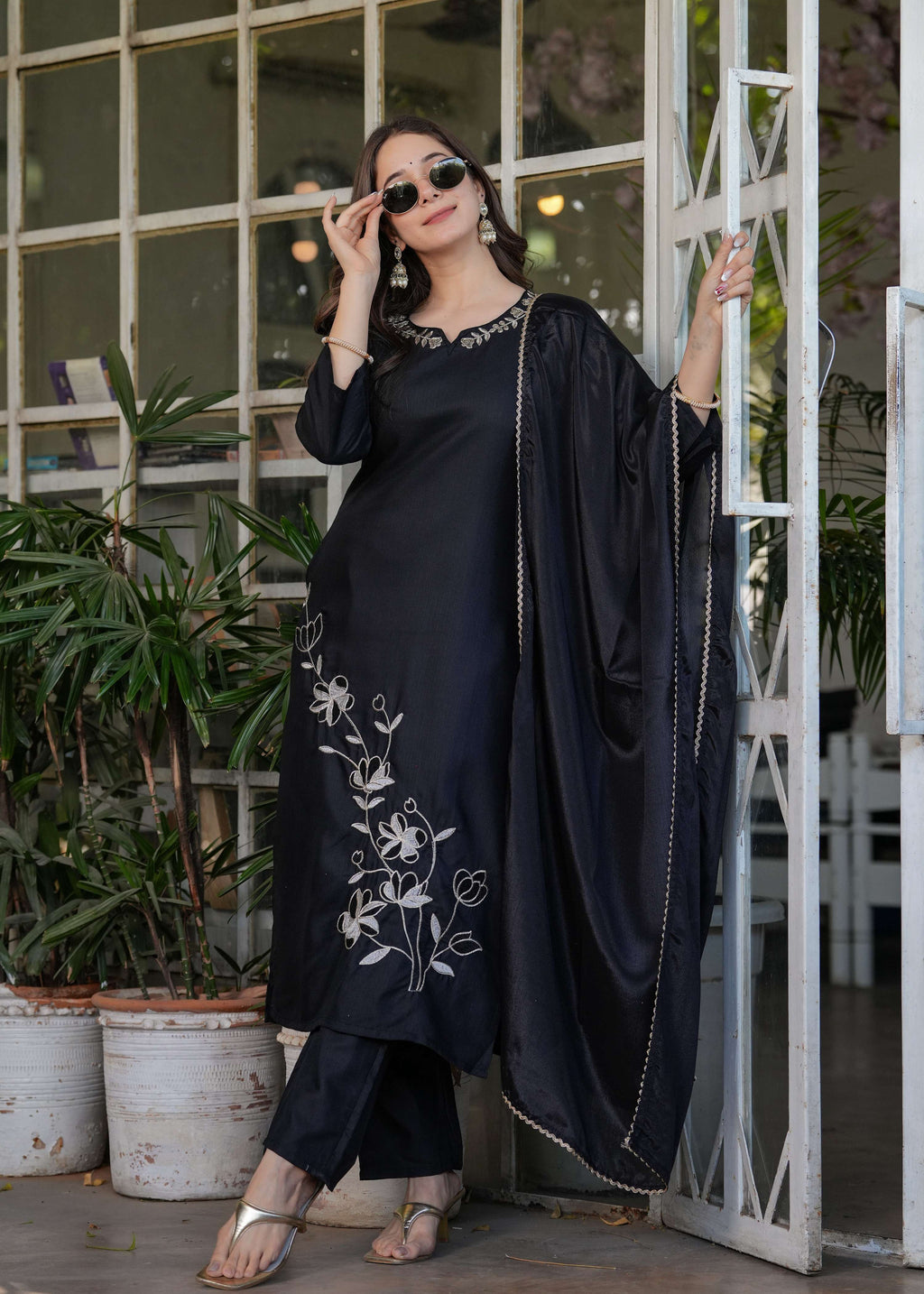 Teeya Creation Black Color Viscose Rayon Embroidery Work Fully Stitched Kurti Set