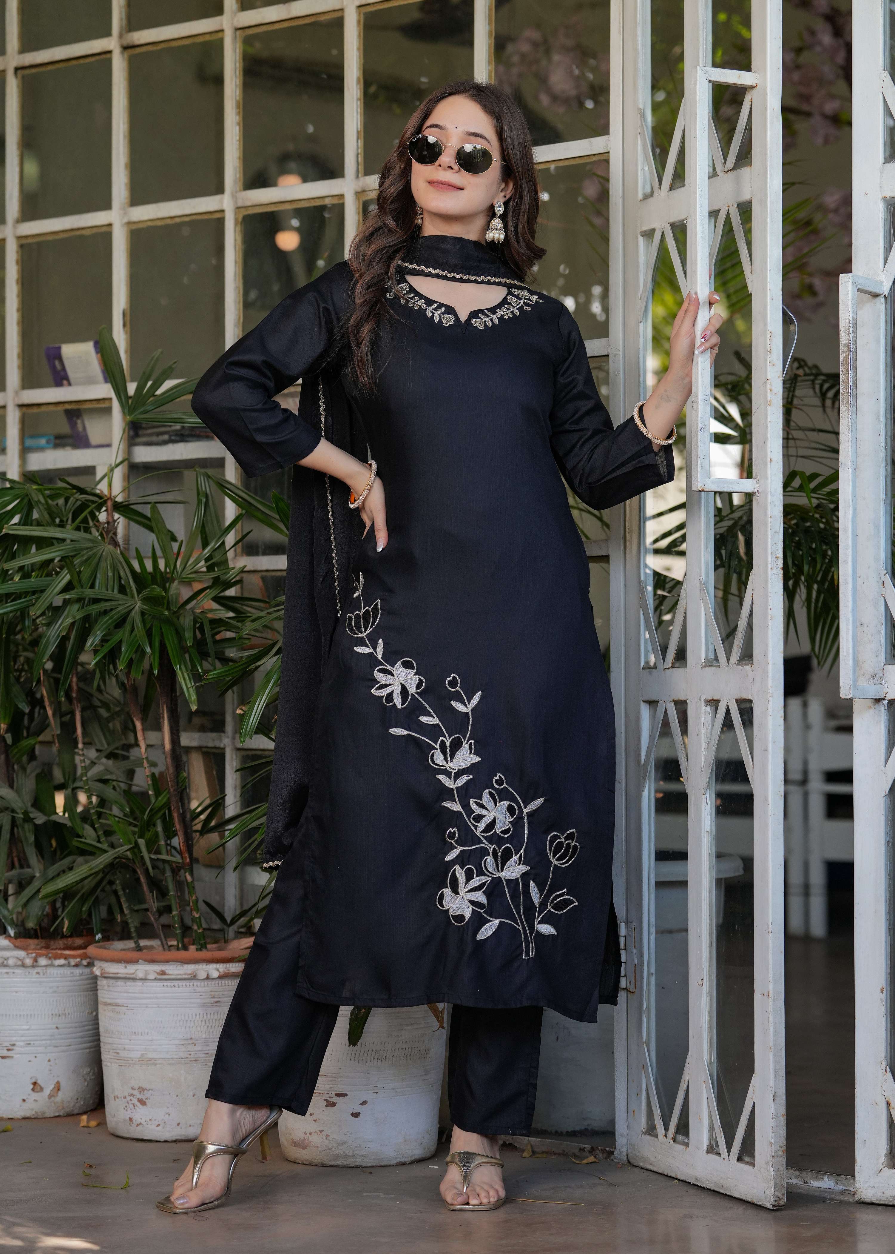 Teeya Creation Black Color Viscose Rayon Embroidery Work Fully Stitched Kurti Set