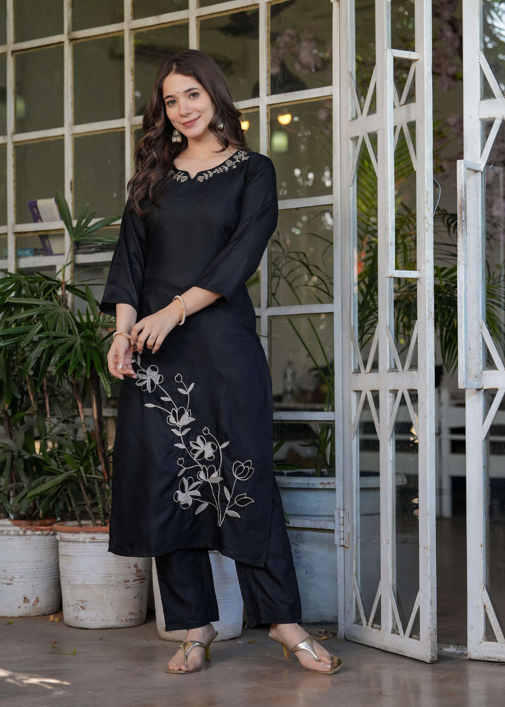 Teeya Creation Black Color Viscose Rayon Embroidery Work Fully Stitched Kurti Set