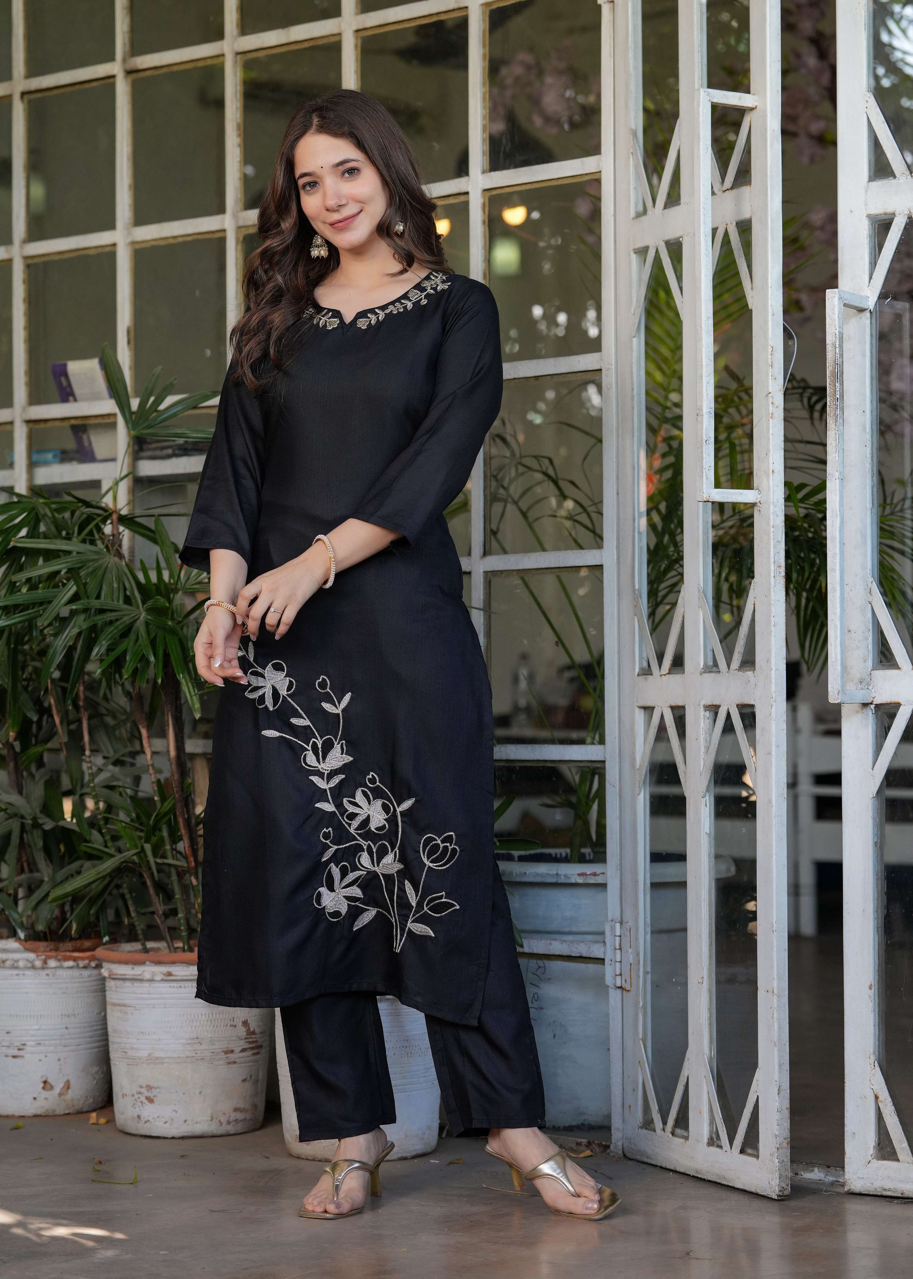 Teeya Creation Black Color Viscose Rayon Embroidery Work Fully Stitched Kurti Set