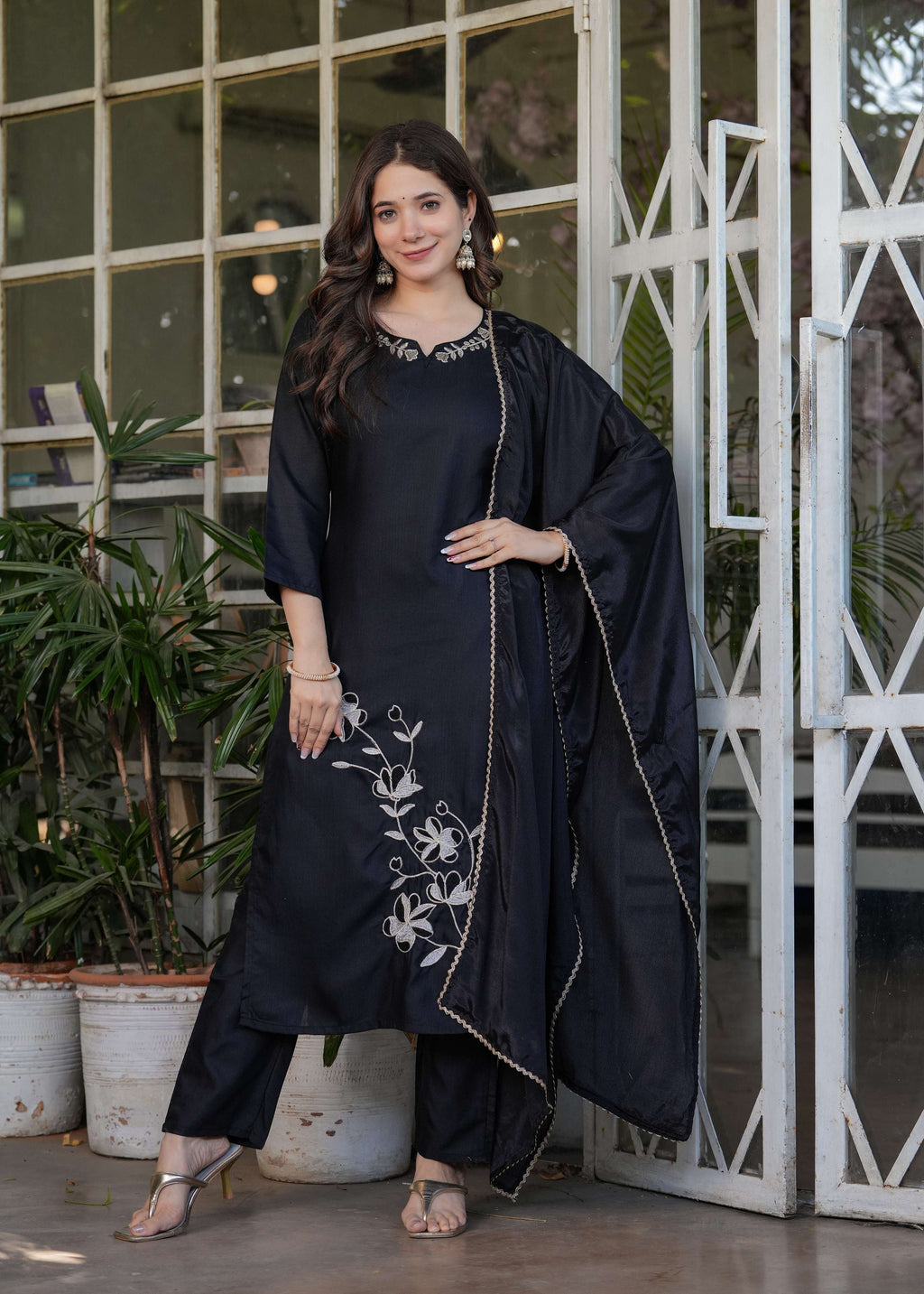Teeya Creation Black Color Viscose Rayon Embroidery Work Fully Stitched Kurti Set