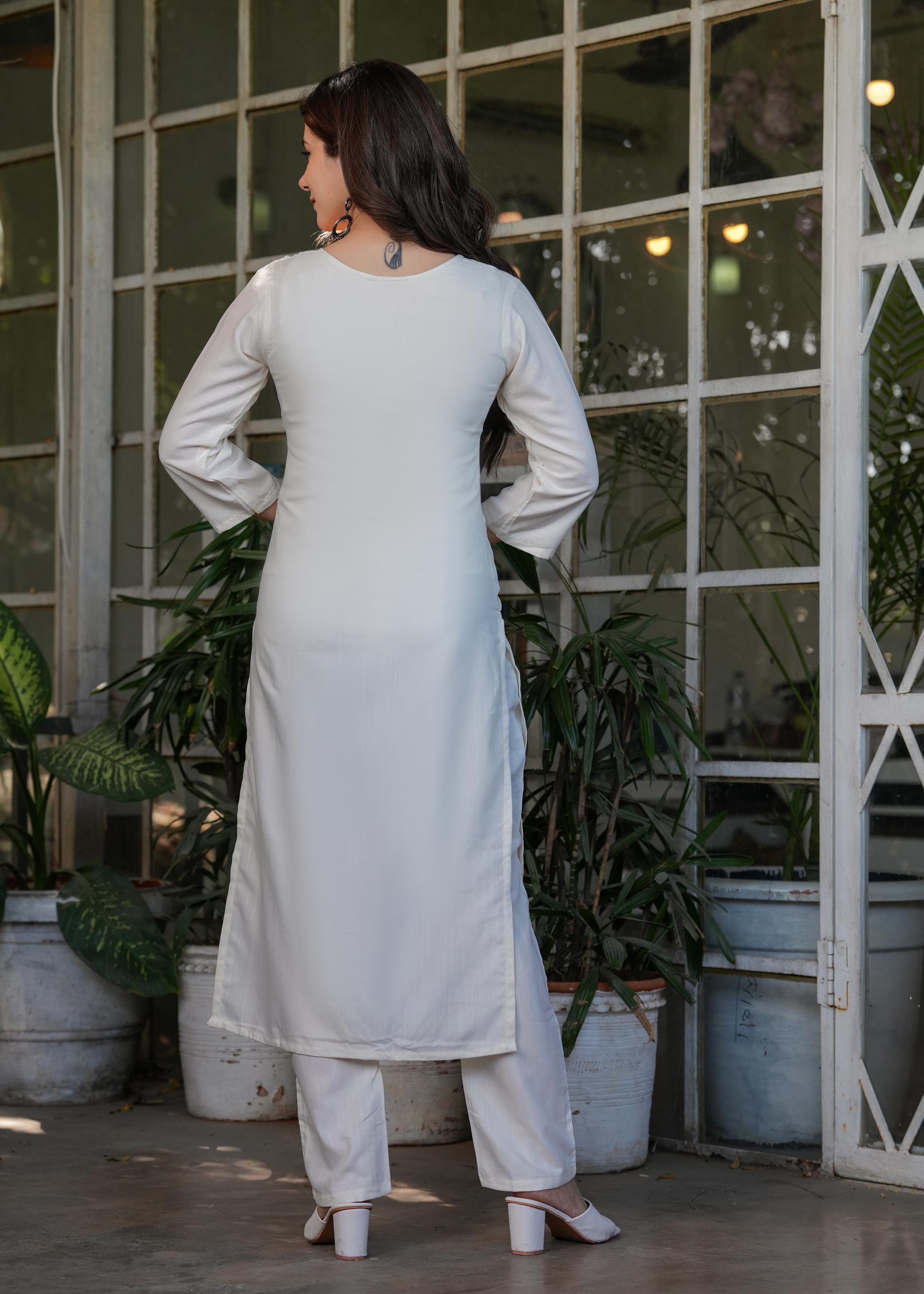 The52 Beautiful Thread Work Viscose Rayon Fabric Straight Kurta, Pant and Dupatta Set