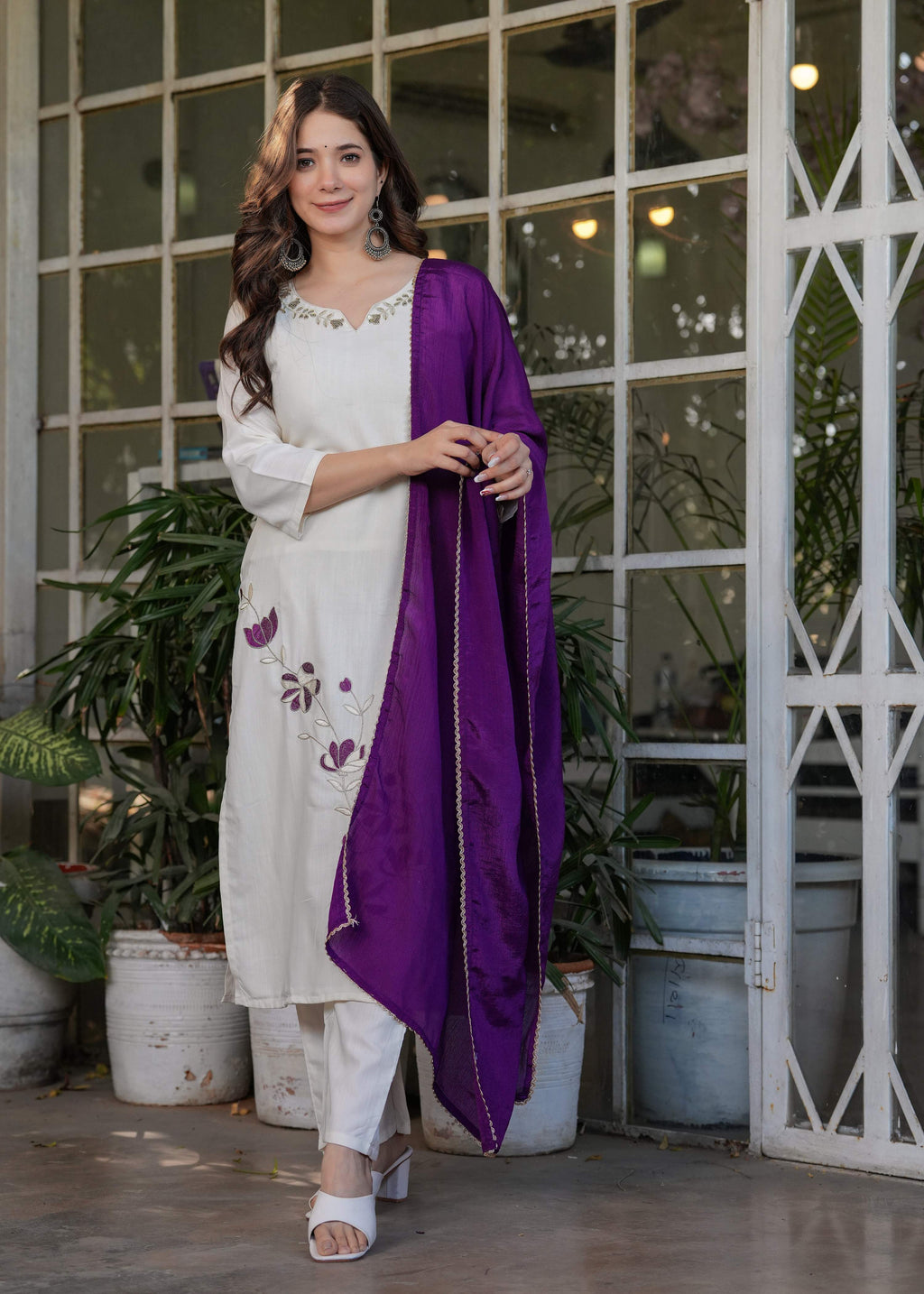 Teeya Creation White Color Viscose Rayon Embroidery Work Fully Stitched Kurti Set