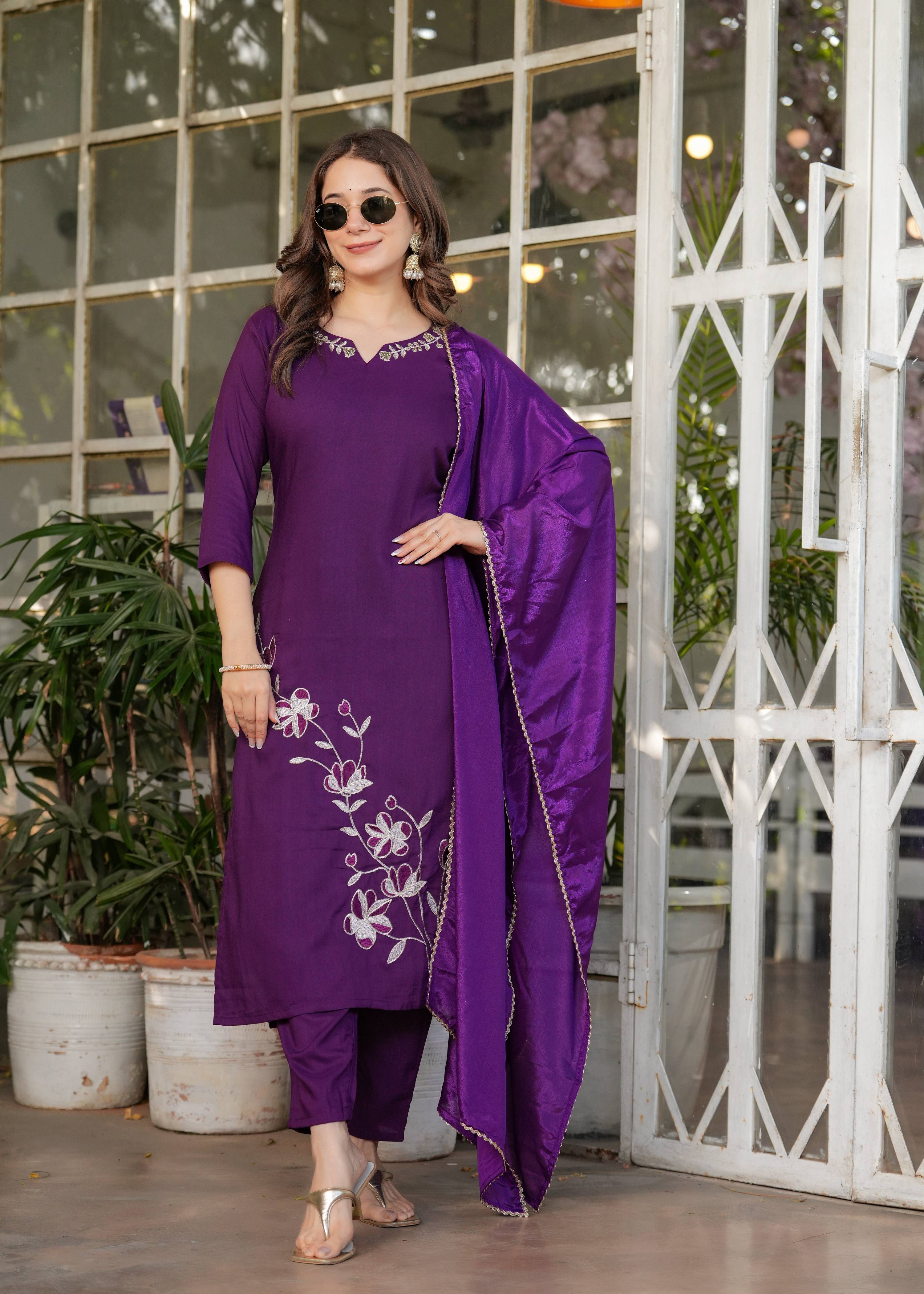 Teeya Creation Wine Color Viscose Rayon Embroidery Work Fully Stitched Kurti Set