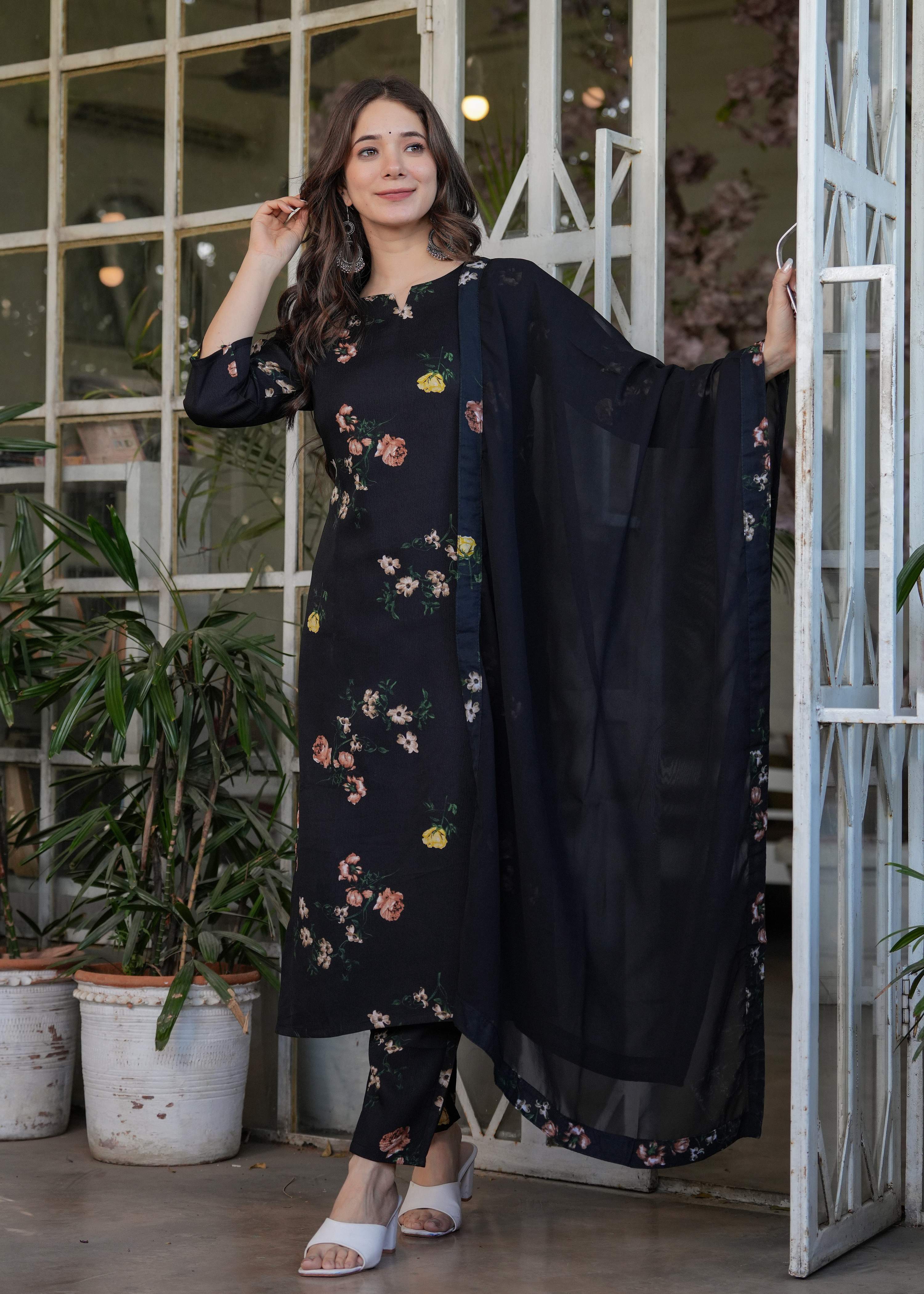 Teeya Creation Black Color Silk Blend Digital Print Fully Stitched Kurti Set