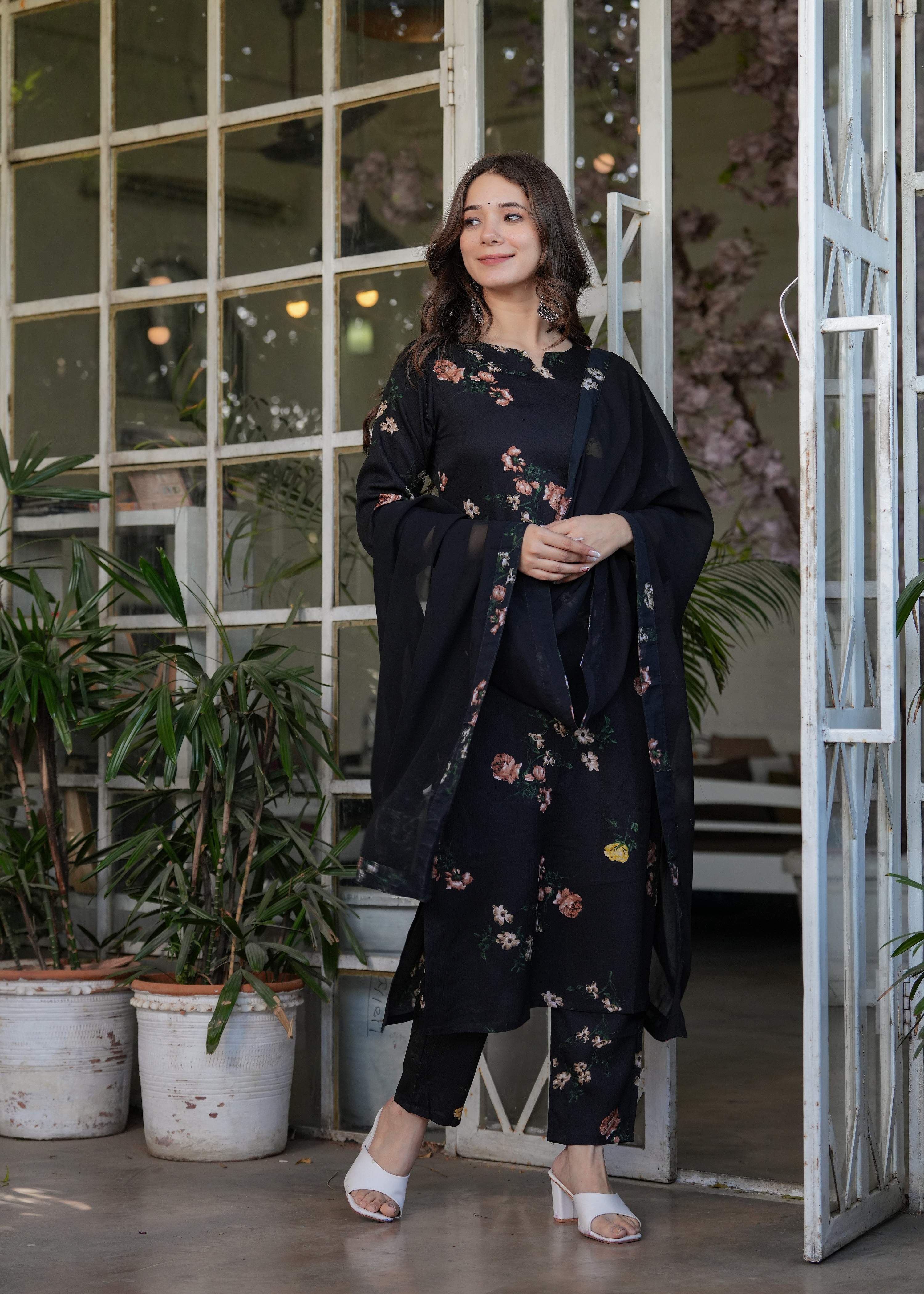 Teeya Creation Black Color Silk Blend Digital Print Fully Stitched Kurti Set