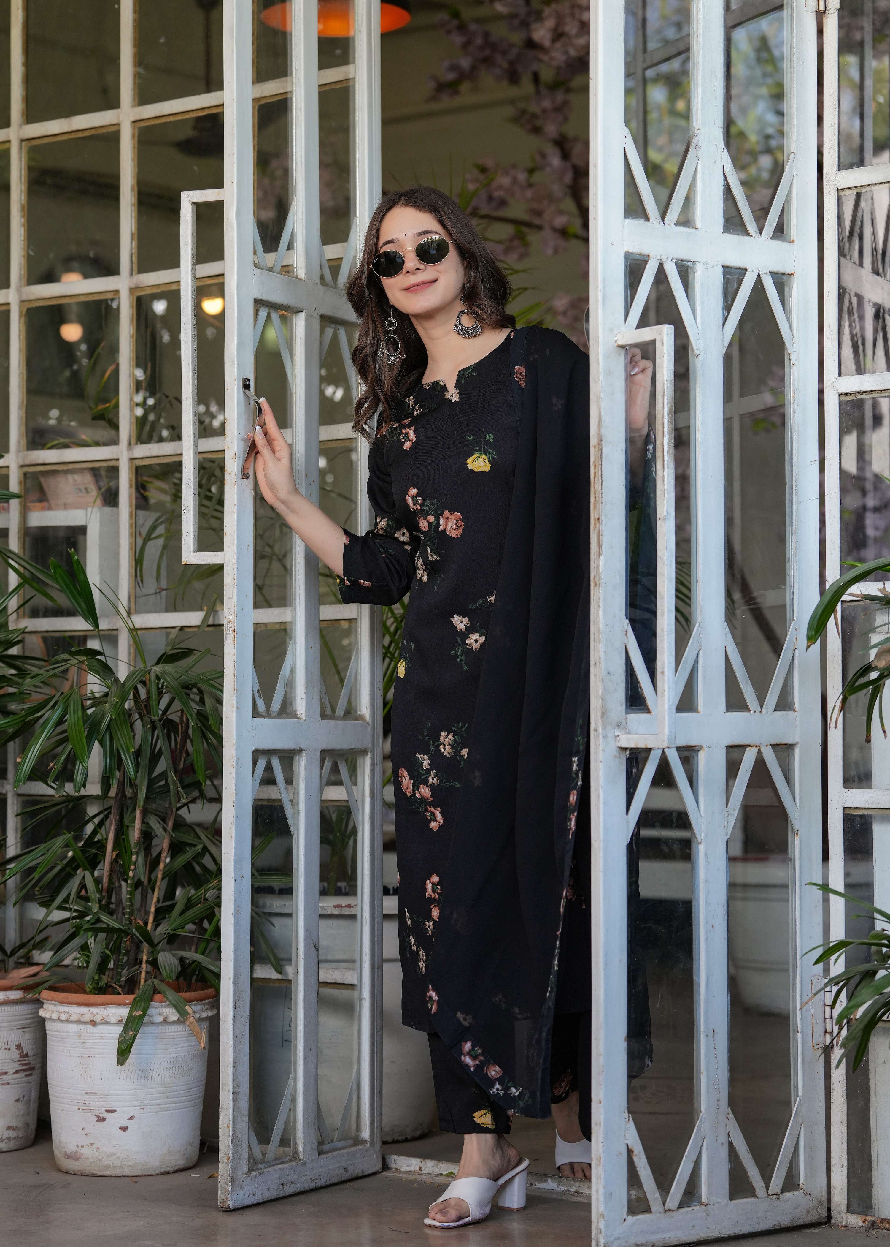 Teeya Creation Black Color Silk Blend Digital Print Fully Stitched Kurti Set