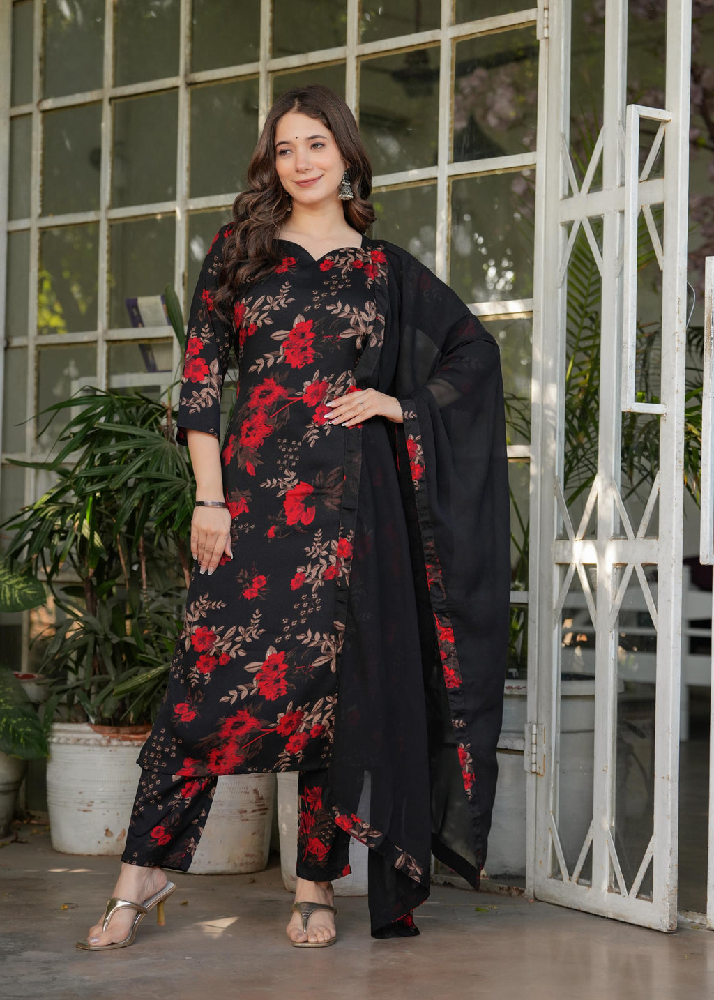 The52 Women's Printed Silk Blend Fabric Straight Kurta, Pant and Dupatta Set