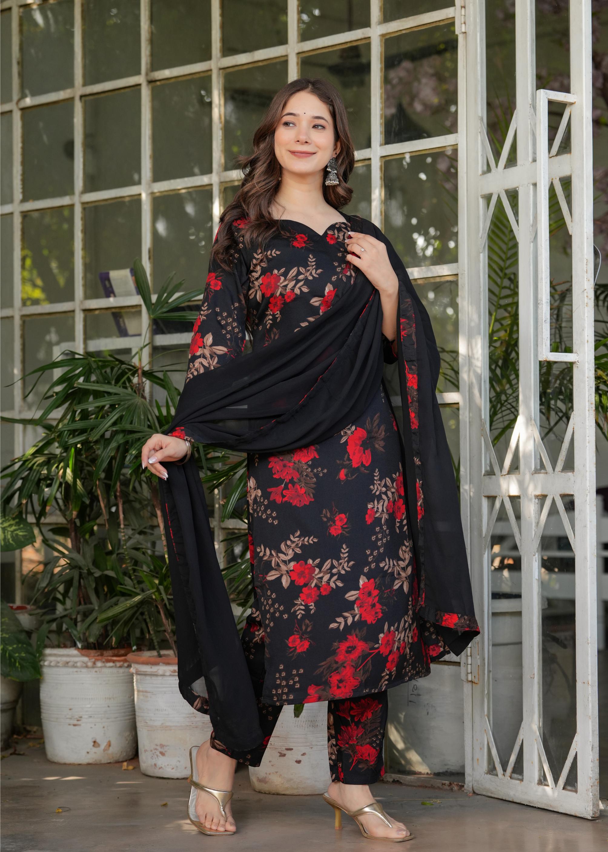 The52 Women's Printed Silk Blend Fabric Straight Kurta, Pant and Dupatta Set