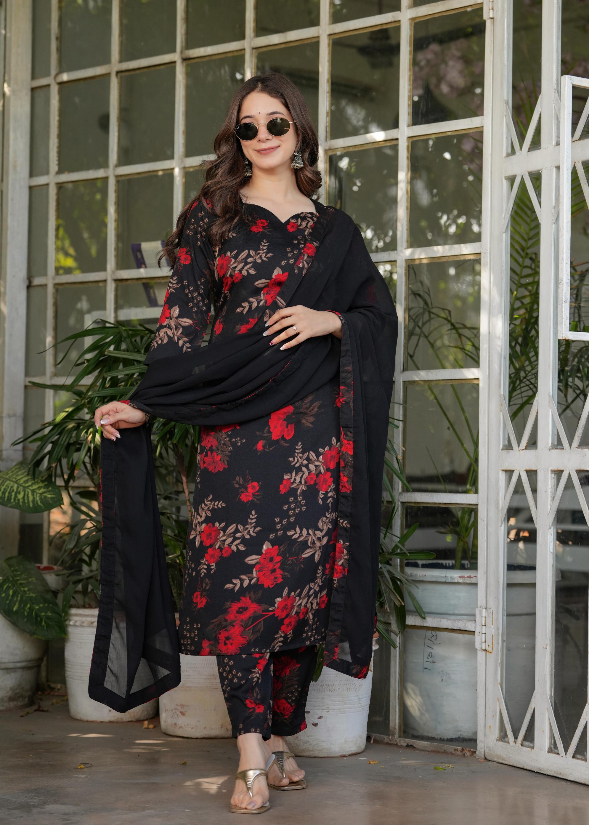 The52 Women's Printed Silk Blend Fabric Straight Kurta, Pant and Dupatta Set