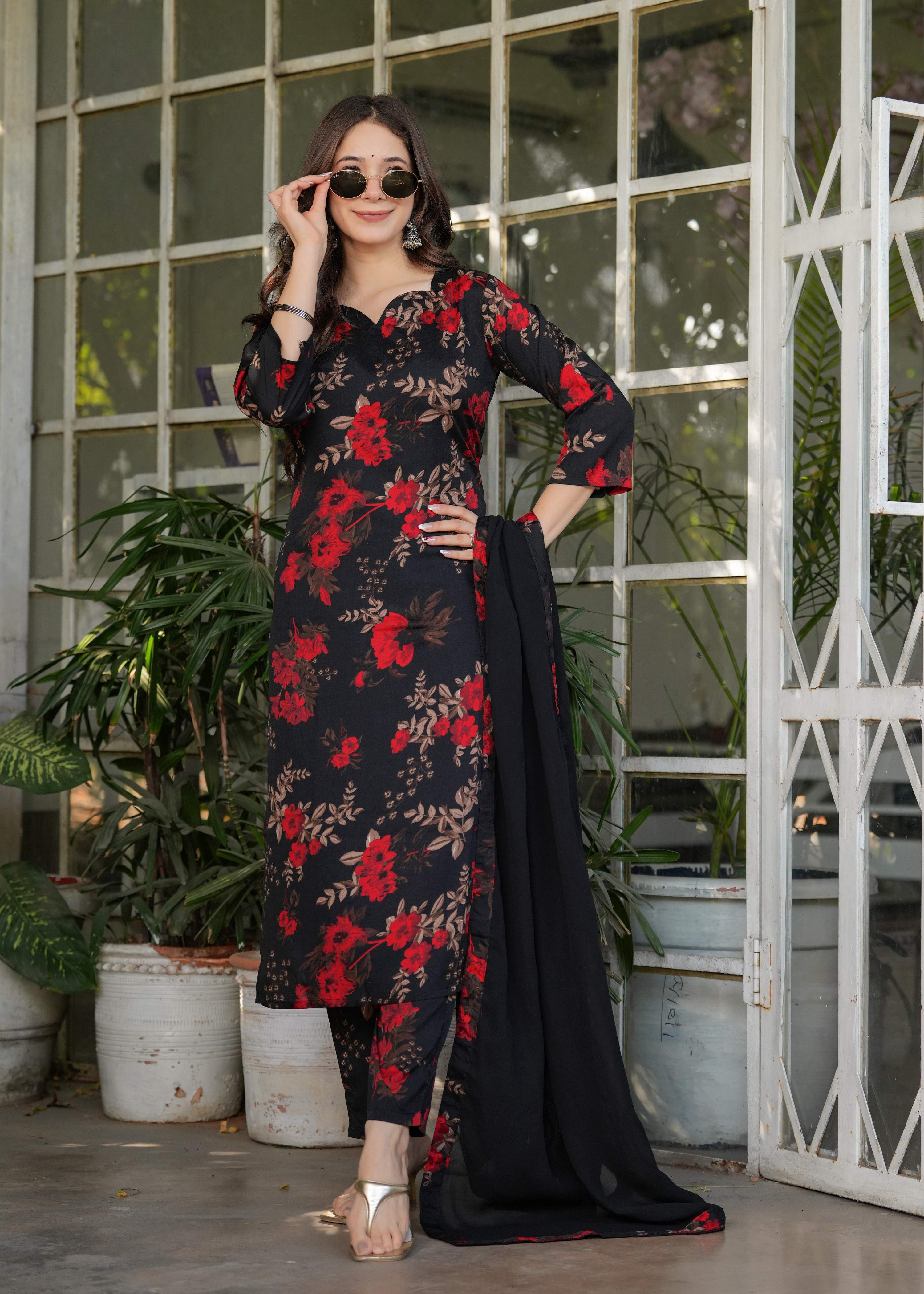 Teeya Creation Black Color Silk Blend Digital Print Fully Stitched Kurti Set