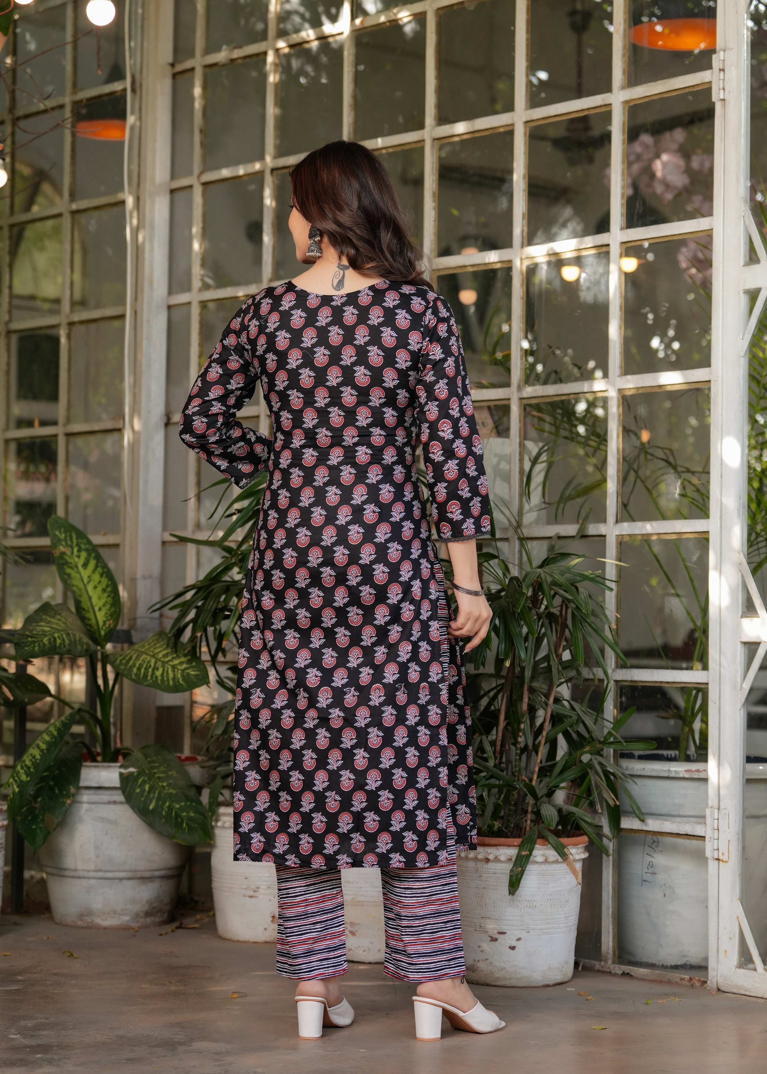 Teeya Creation Black Color Pure Cotton Digital Print Fully Stitched Kurti Set