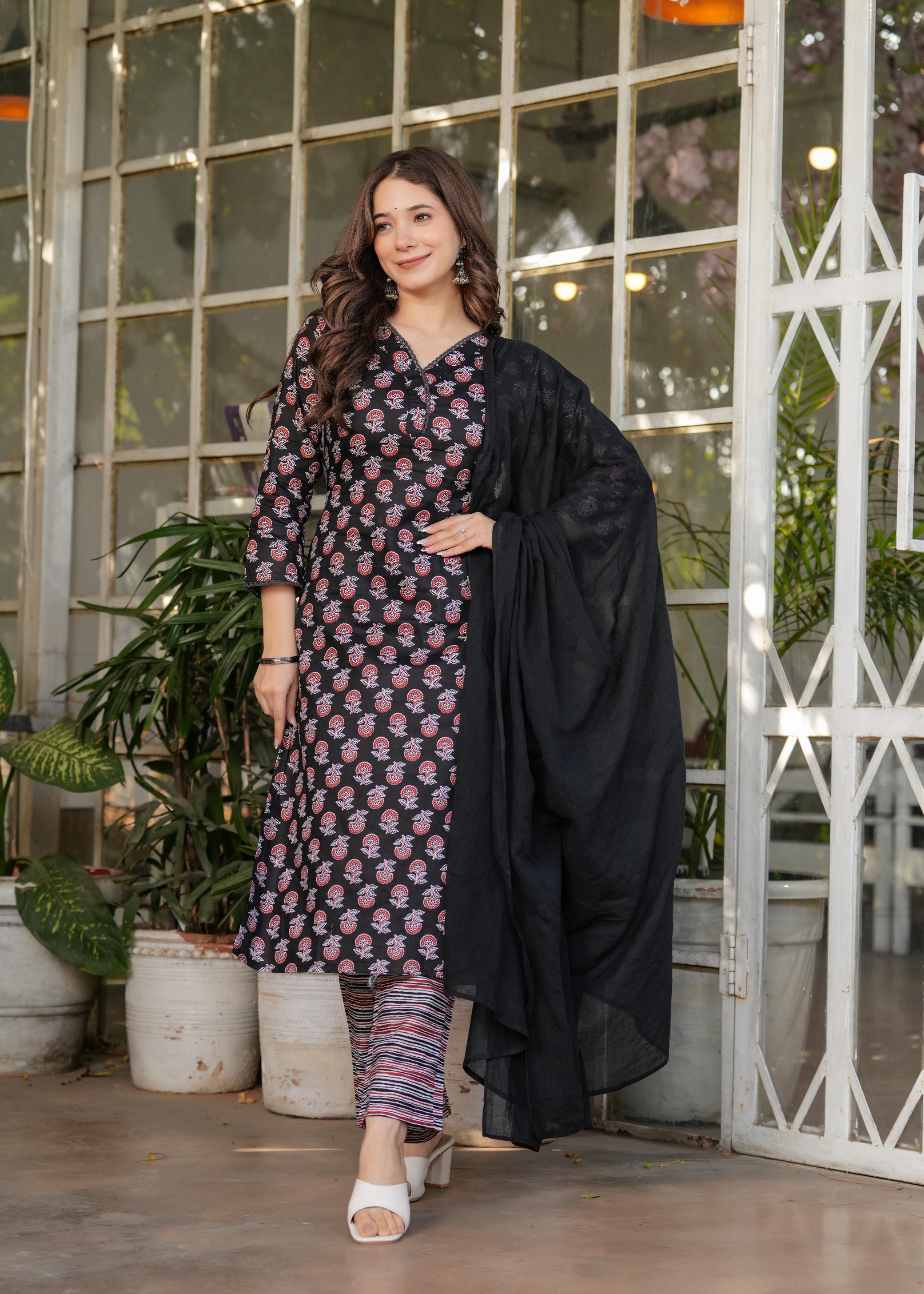 The52 Women's Printed Pure Cotton Fabric Straight Kurta, Pant and Dupatta Set