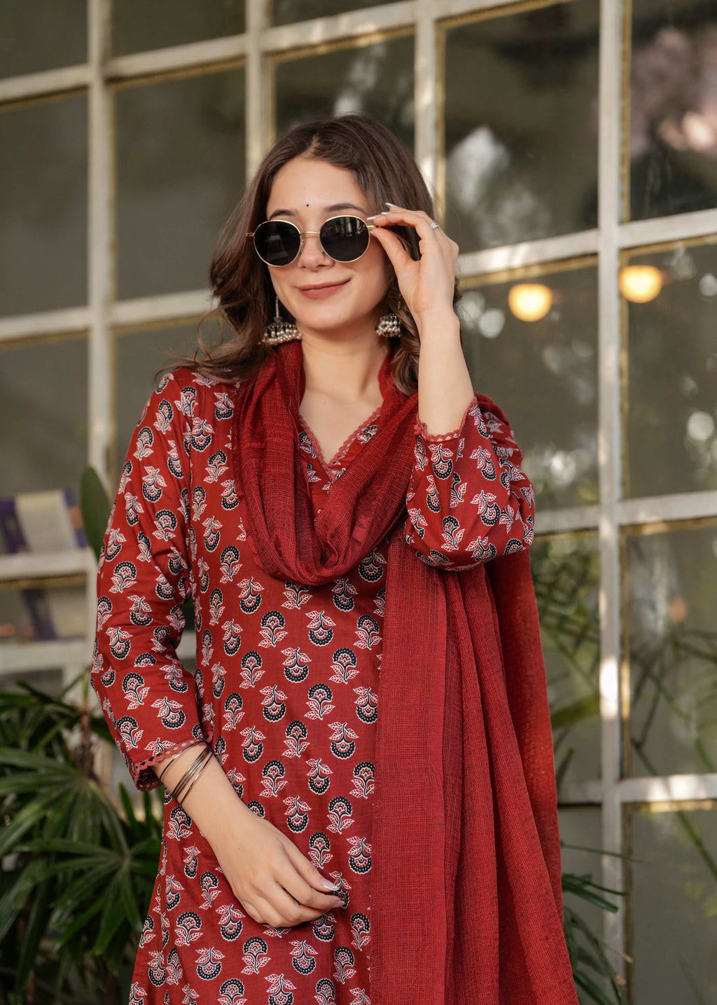 Teeya Creation Red Color Pure Cotton Digital Print Fully Stitched Kurti Set