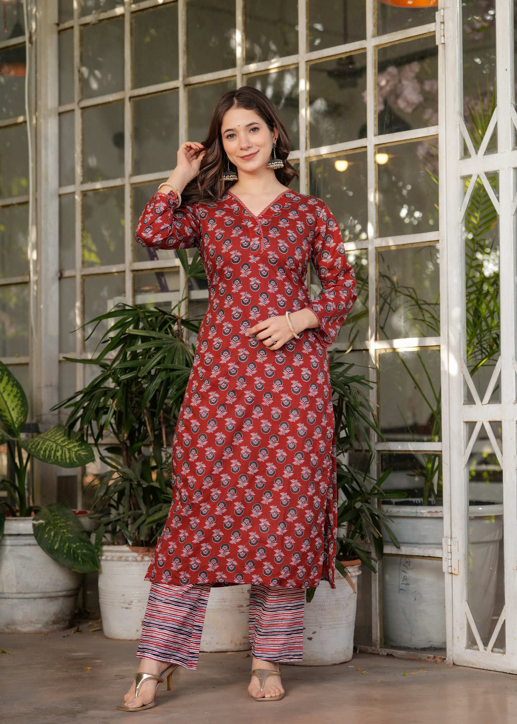 Teeya Creation Red Color Pure Cotton Digital Print Fully Stitched Kurti Set