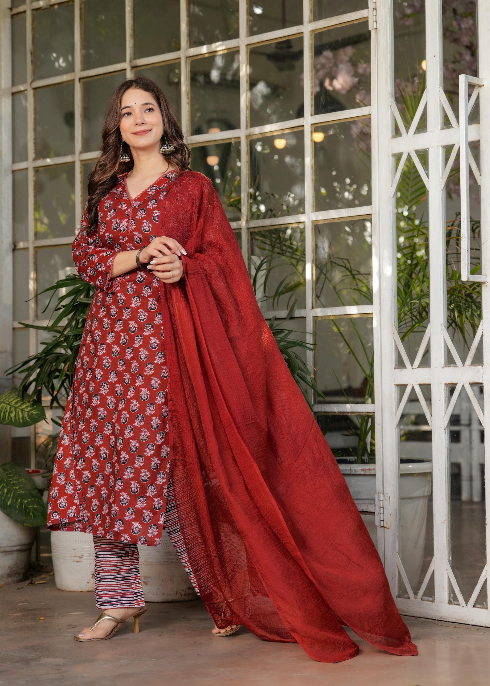 The52 Women's Printed Pure Cotton Fabric Straight Kurta, Pant and Dupatta Set