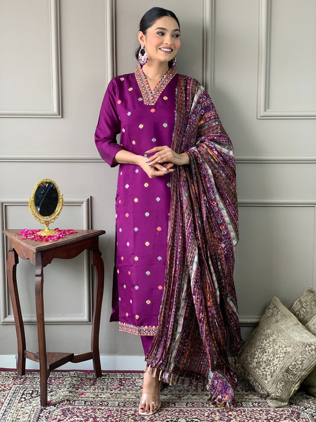 Teeya Creation Purple Color Viscose Chanderi Embroidery Work Fully Stitched Kurti Set