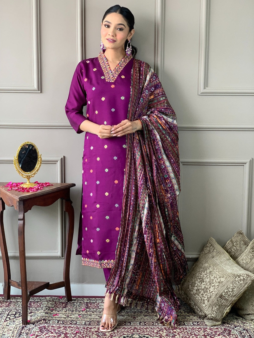 Teeya Creation Purple Color Viscose Chanderi Embroidery Work Fully Stitched Kurti Set